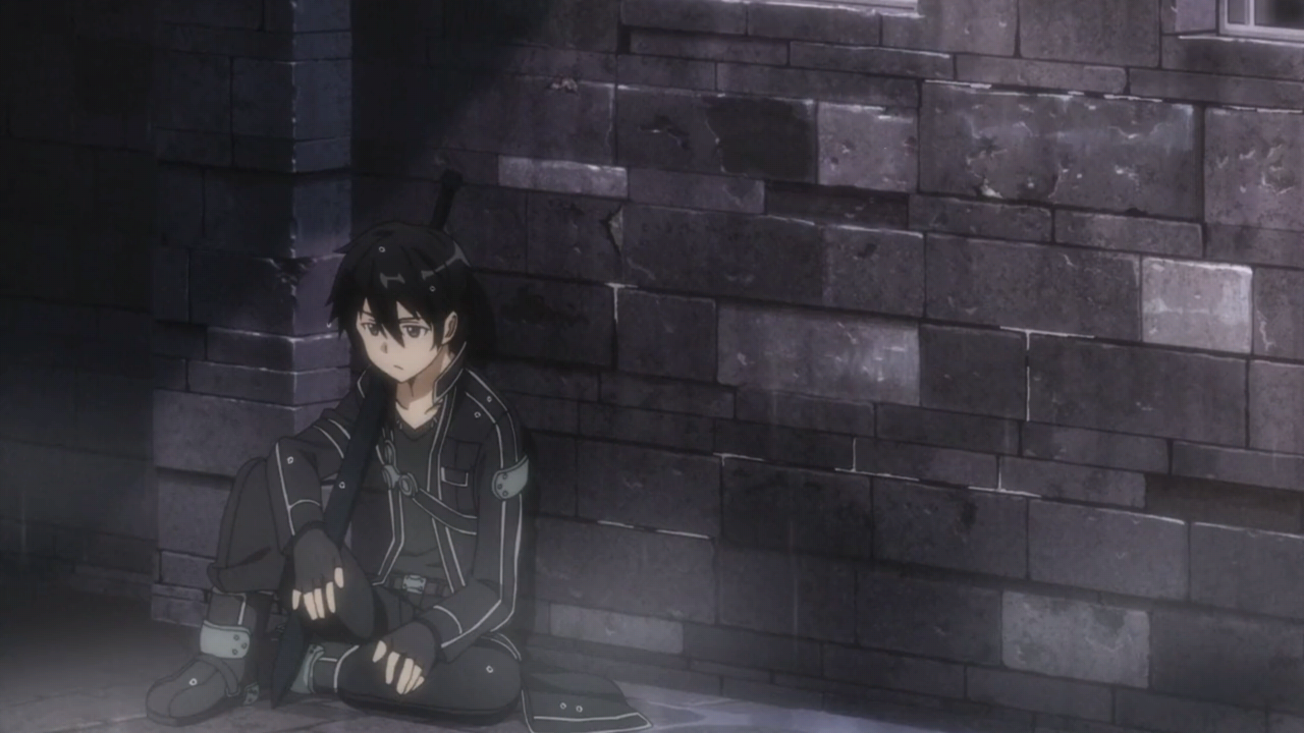 Anime 2560x1440 Sword Art Online anime boys anime sitting black hair wall Kirigaya Kazuto (Sword Art Online)