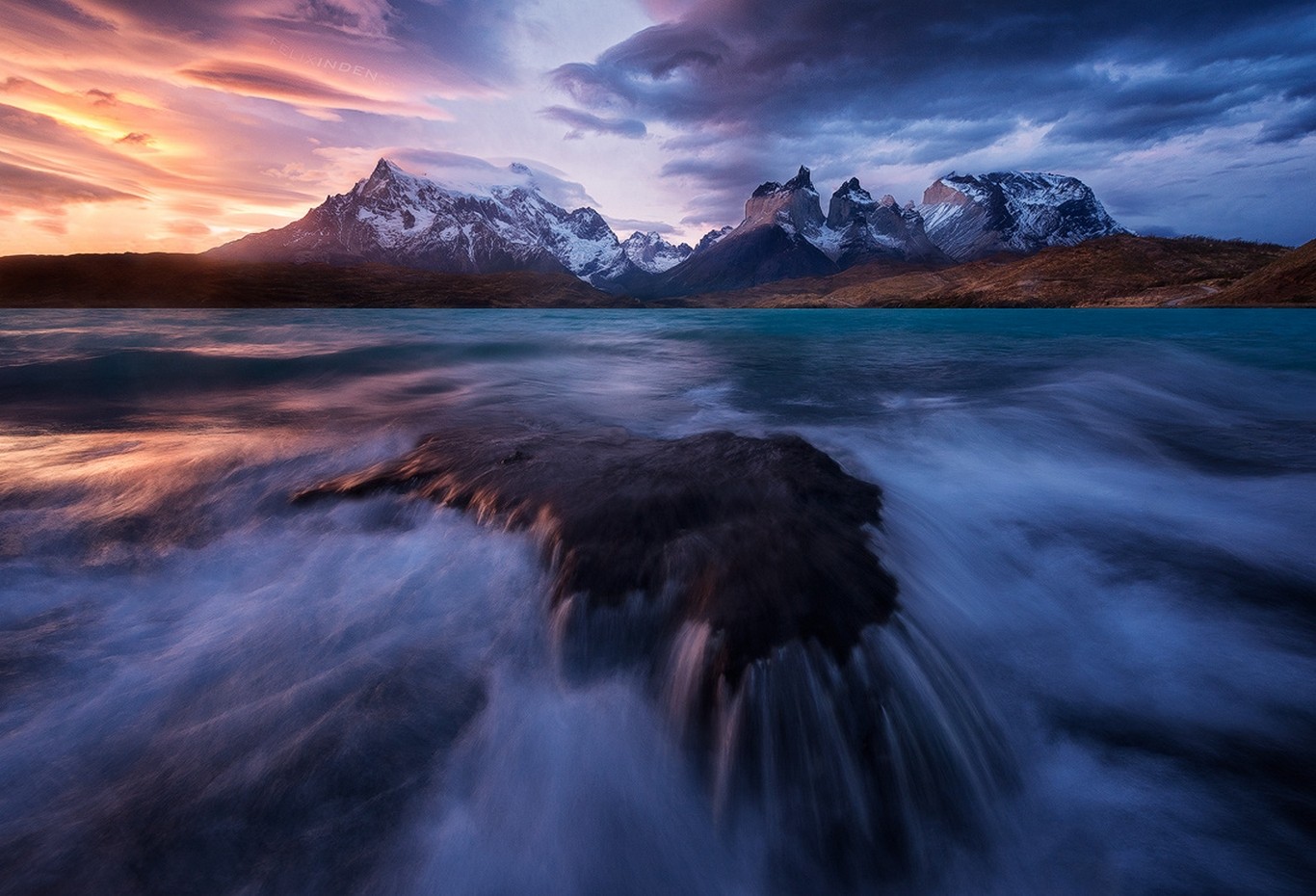 General 1366x930 sunset mountains Torres del Paine lake snowy peak clouds waterfall wind water Chile Patagonia landscape South America