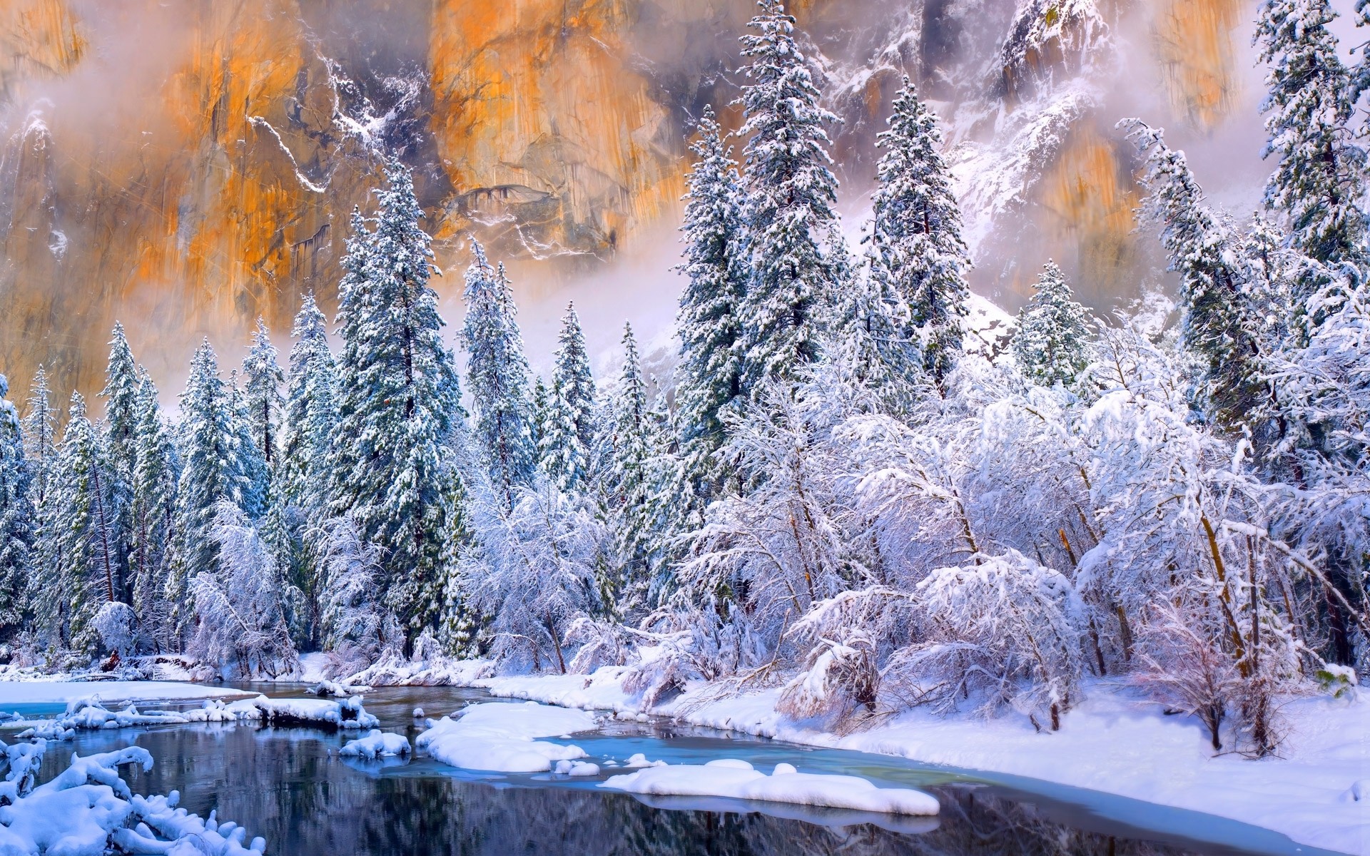 General 1920x1200 winter Yosemite National Park river cold snow forest white trees ice nature landscape USA California frost