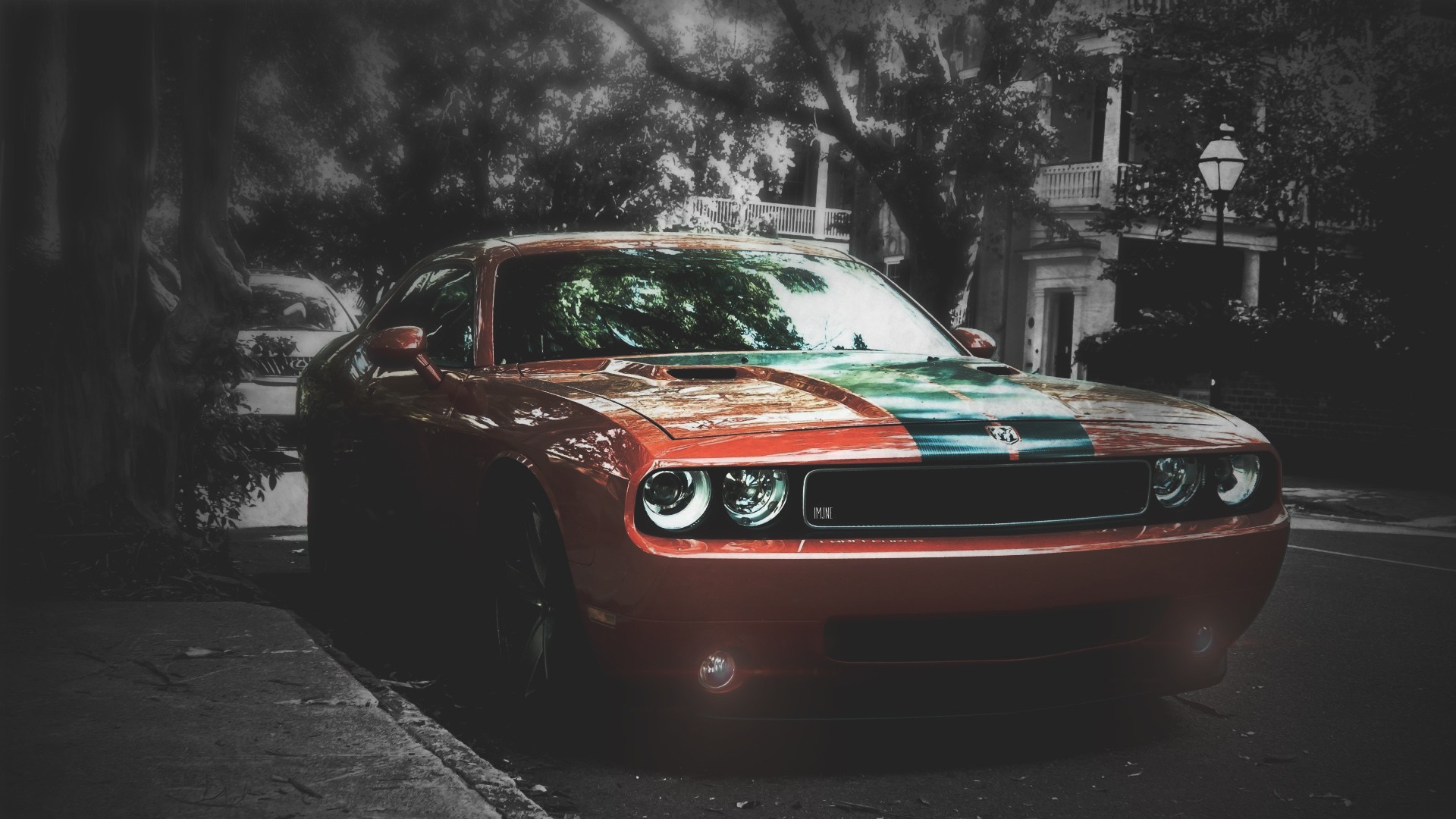 General 1920x1080 car blurred selective coloring Dodge Dodge Challenger red cars vehicle muscle cars American cars Stellantis racing stripes