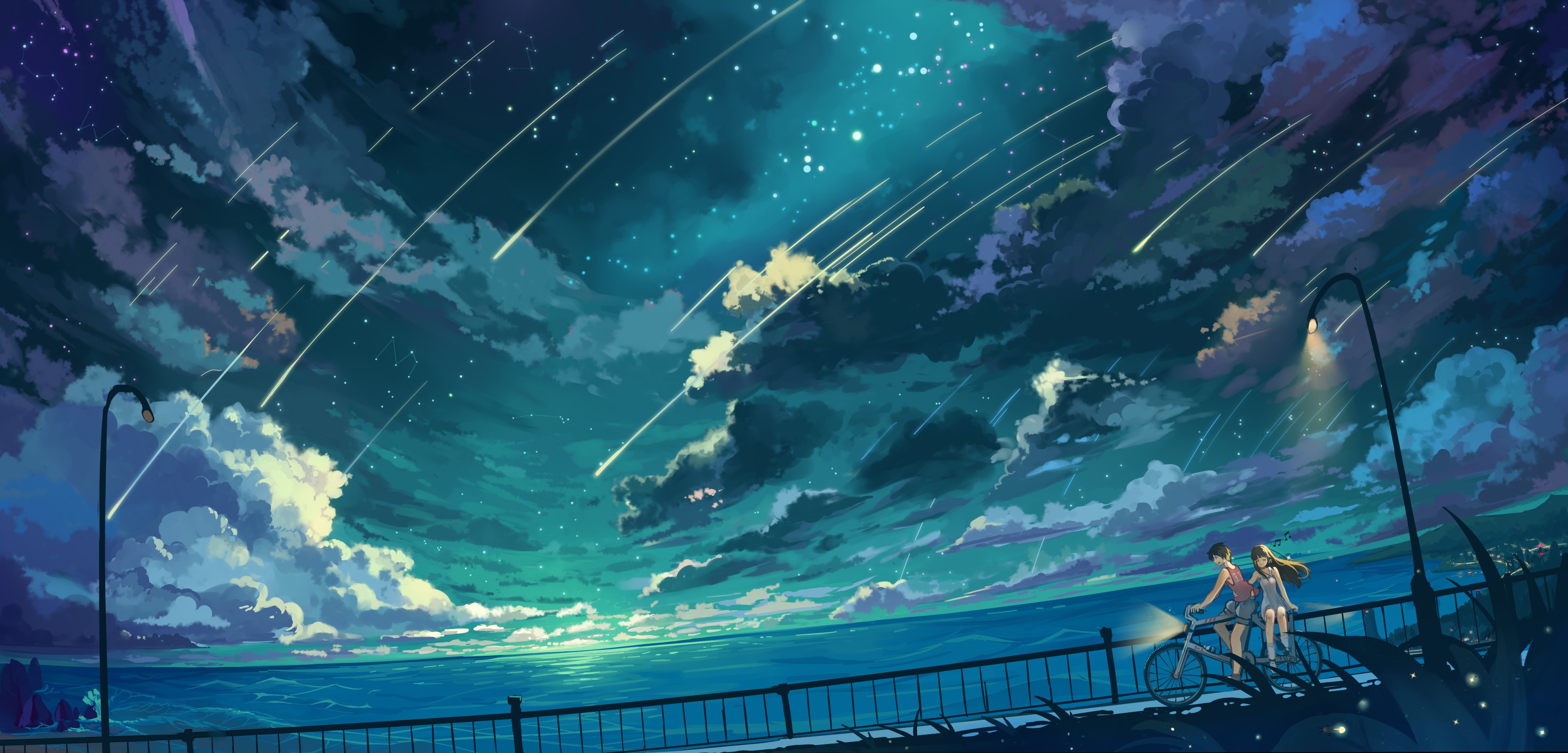 Anime 3500x1681 anime anime girls sky clouds bicycle Baisi Shaonian night women with bicycles Pixiv