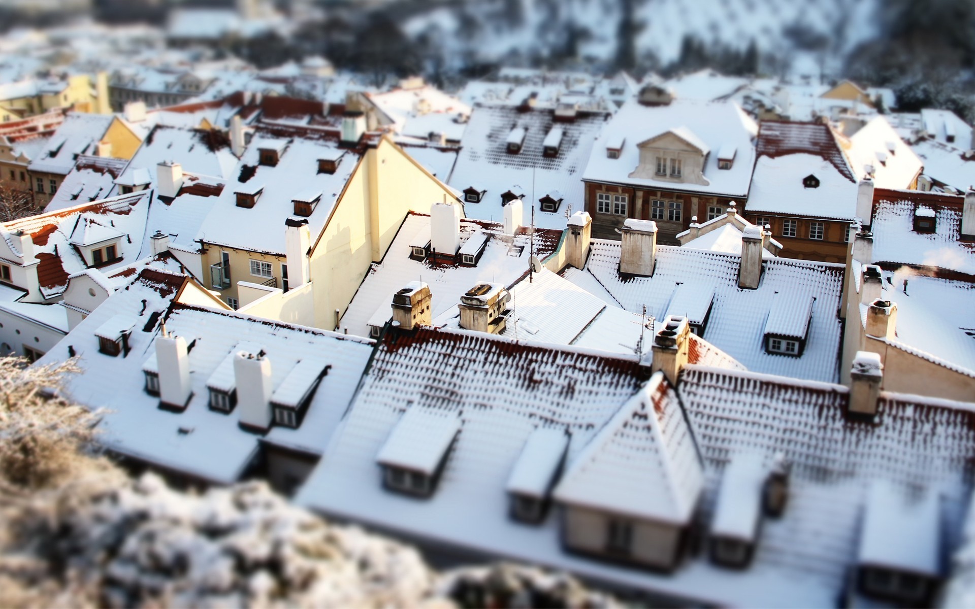 General 1920x1200 snow house rooftops cityscape winter outdoors building aerial view snow covered sunlight depth of field