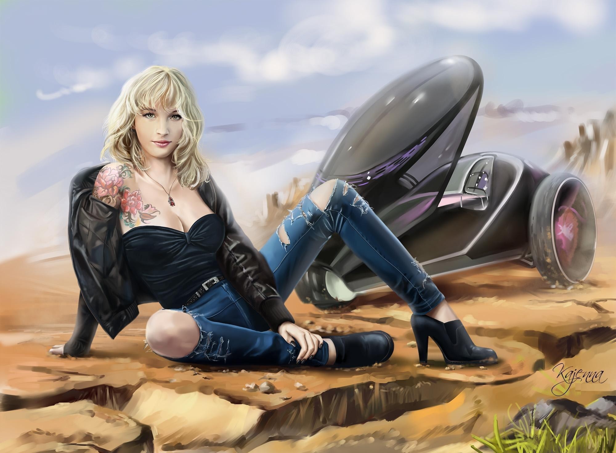 General 2000x1473 painting women with cars science fiction futuristic science fiction women vehicle inked girls blonde necklace torn jeans torn clothes heels sitting