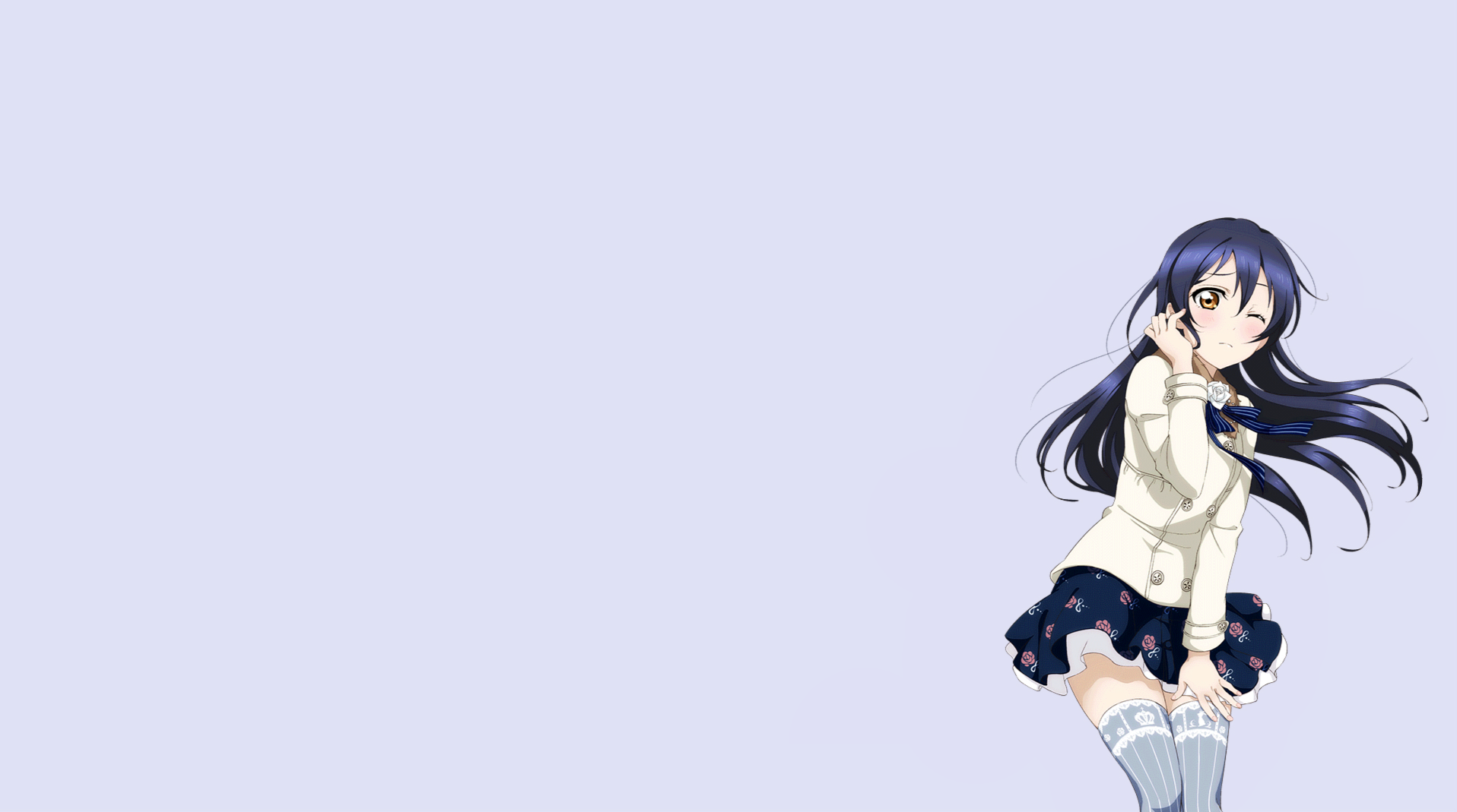 Anime 1916x1069 anime girls Love Live! Sonoda Umi anime white background simple background long hair purple hair skirt knees together one eye closed stockings blue stockings yellow eyes
