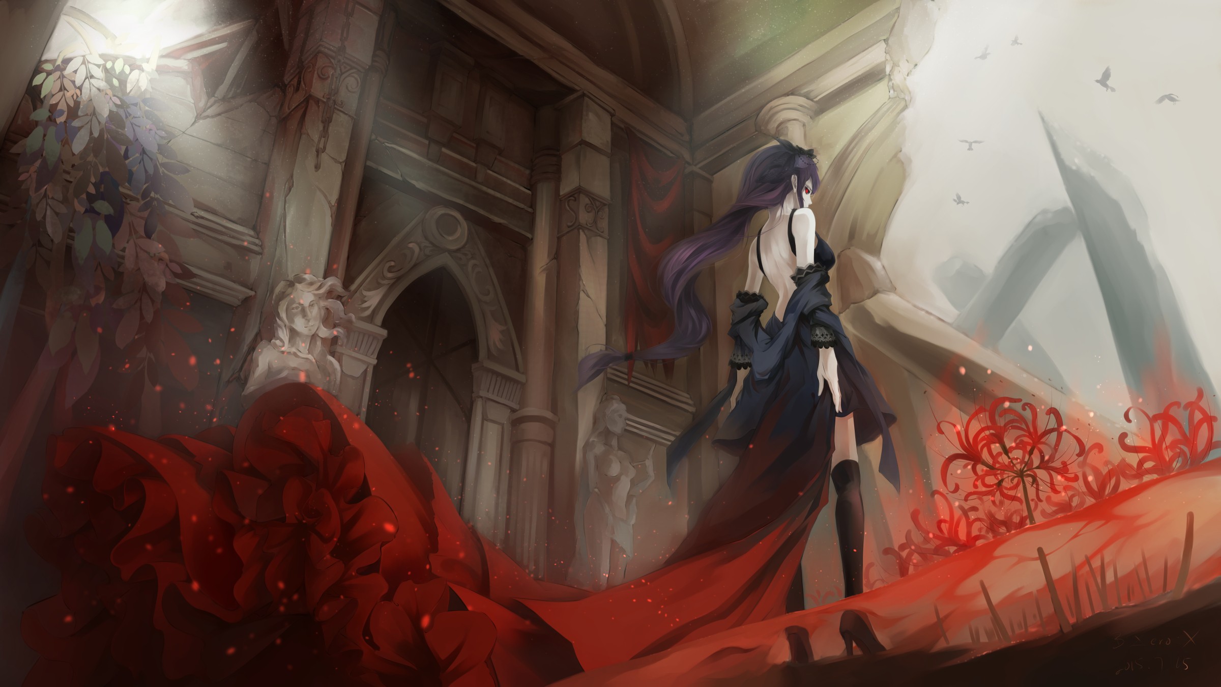 Anime 2400x1350 Kamishiro Rize Tokyo Ghoul red black women purple hair standing knee-highs back red eyes anime girls anime low-angle