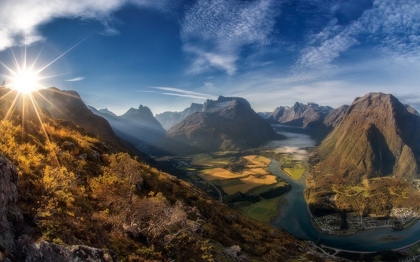 General 1400x875 landscape nature sun rays morning shrubs mountains river clouds town road mist summer Norway field nordic landscapes