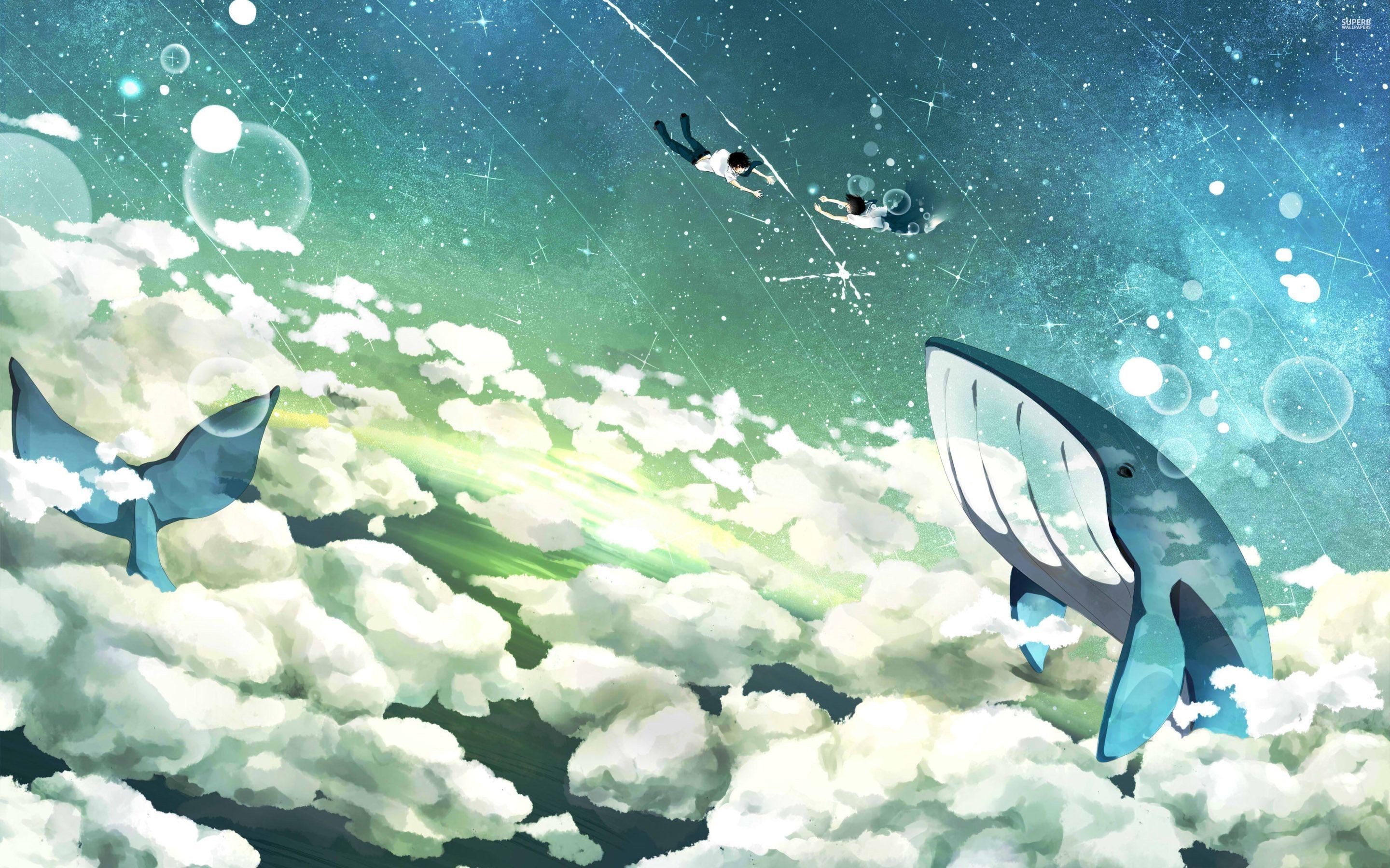 Anime 2880x1800 fantasy art sky whale flying animals mammals anime girls anime anime boys clouds stars