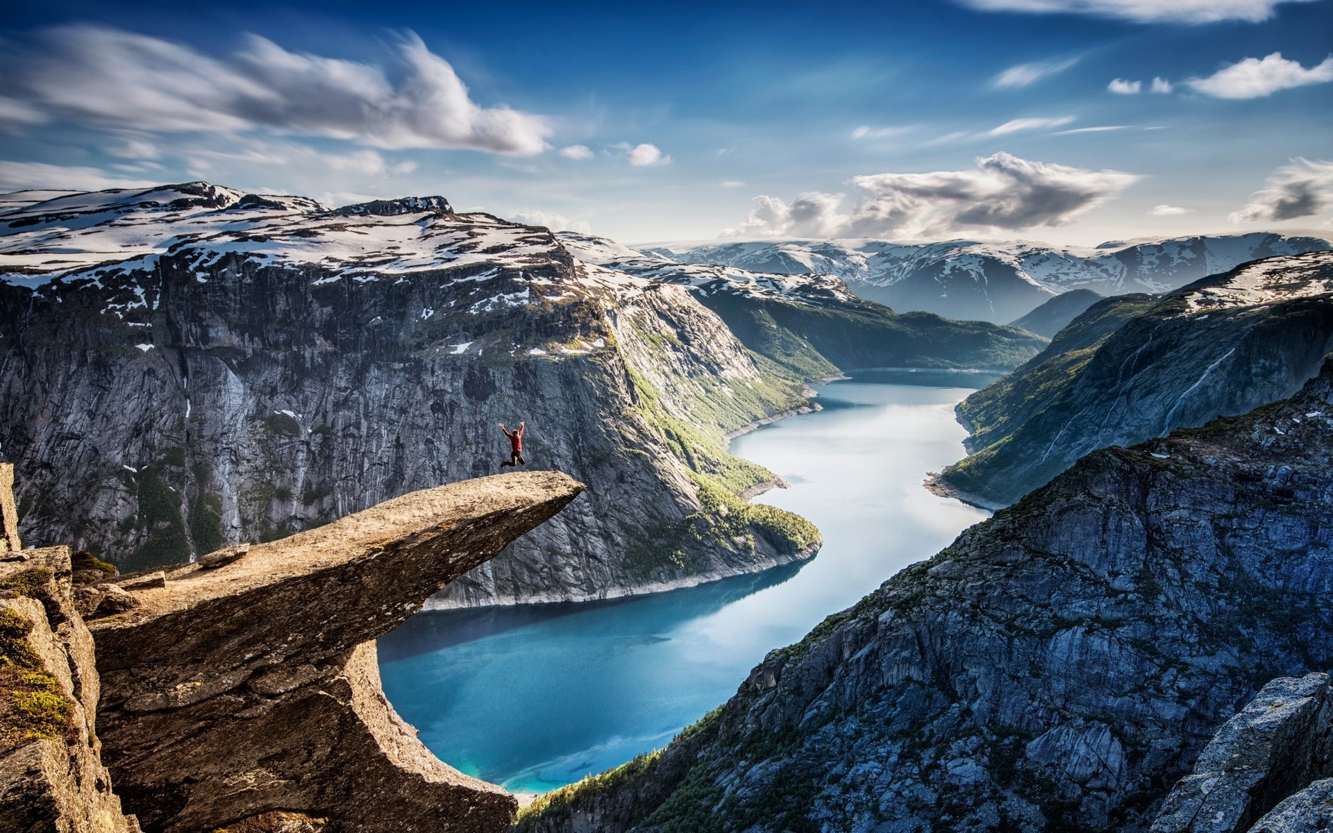 General 1920x1200 nature landscape fjord Norway canyon cliff snow mountains clouds turquoise water jumping morning Trolltunga nordic landscapes