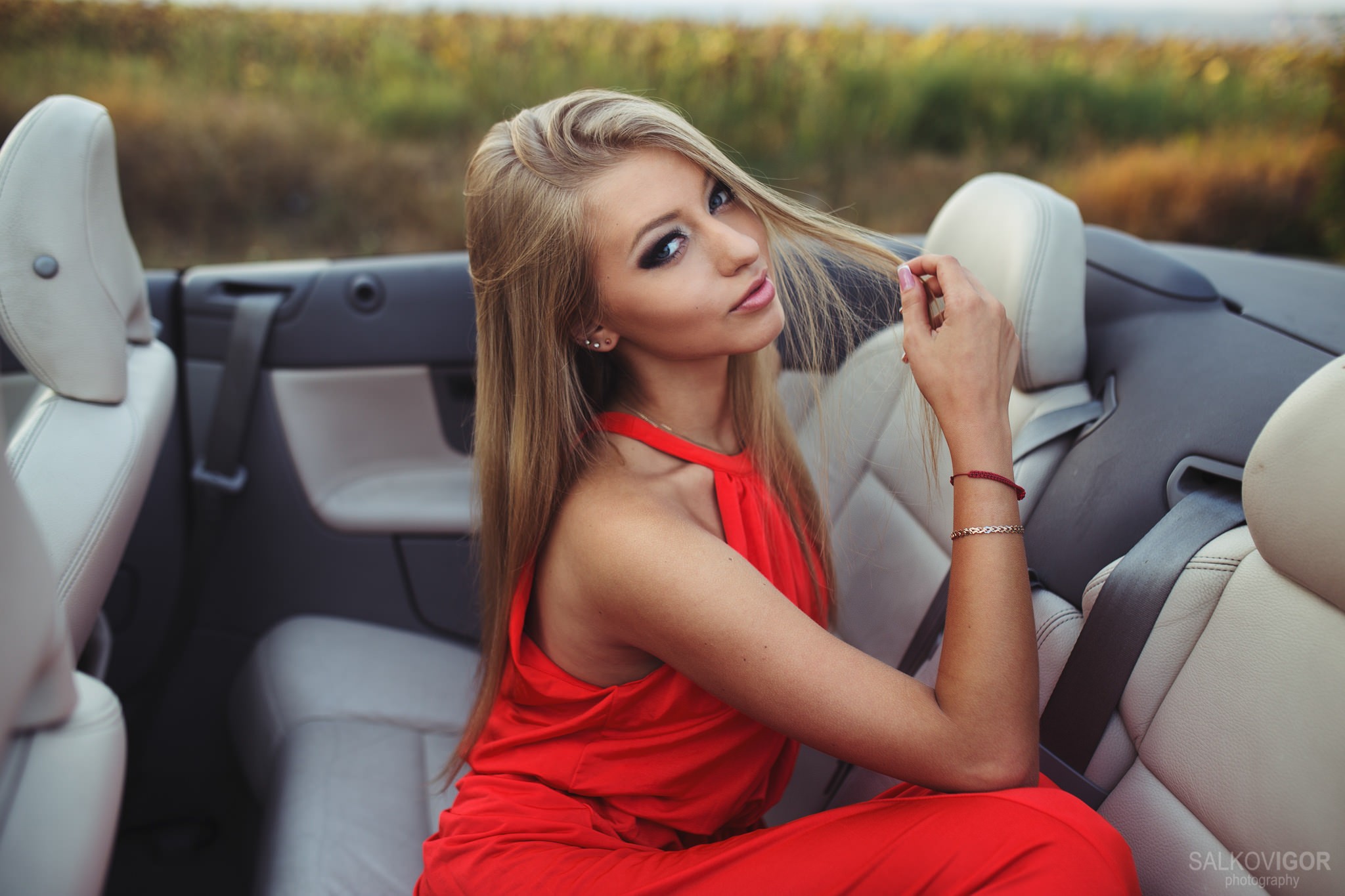 People 2048x1365 women blonde red dress sitting car car interior holding hair Igor Salkov long hair Anastasia Ivashchenko women with cars vehicle pink lipstick model red clothing Salkovigor Photography