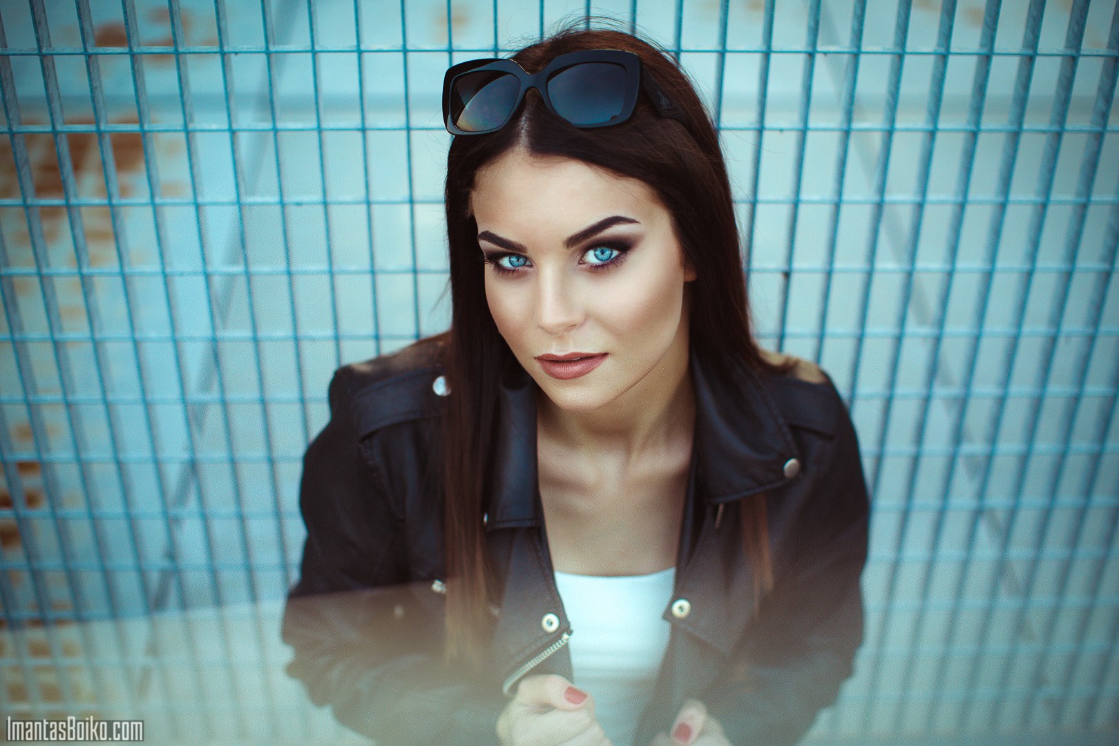 People 1620x1080 women portrait face women with glasses blue eyes women with shades sunglasses red nails painted nails long hair fence metal grid women outdoors urban looking at viewer leather jacket Imantas Boiko