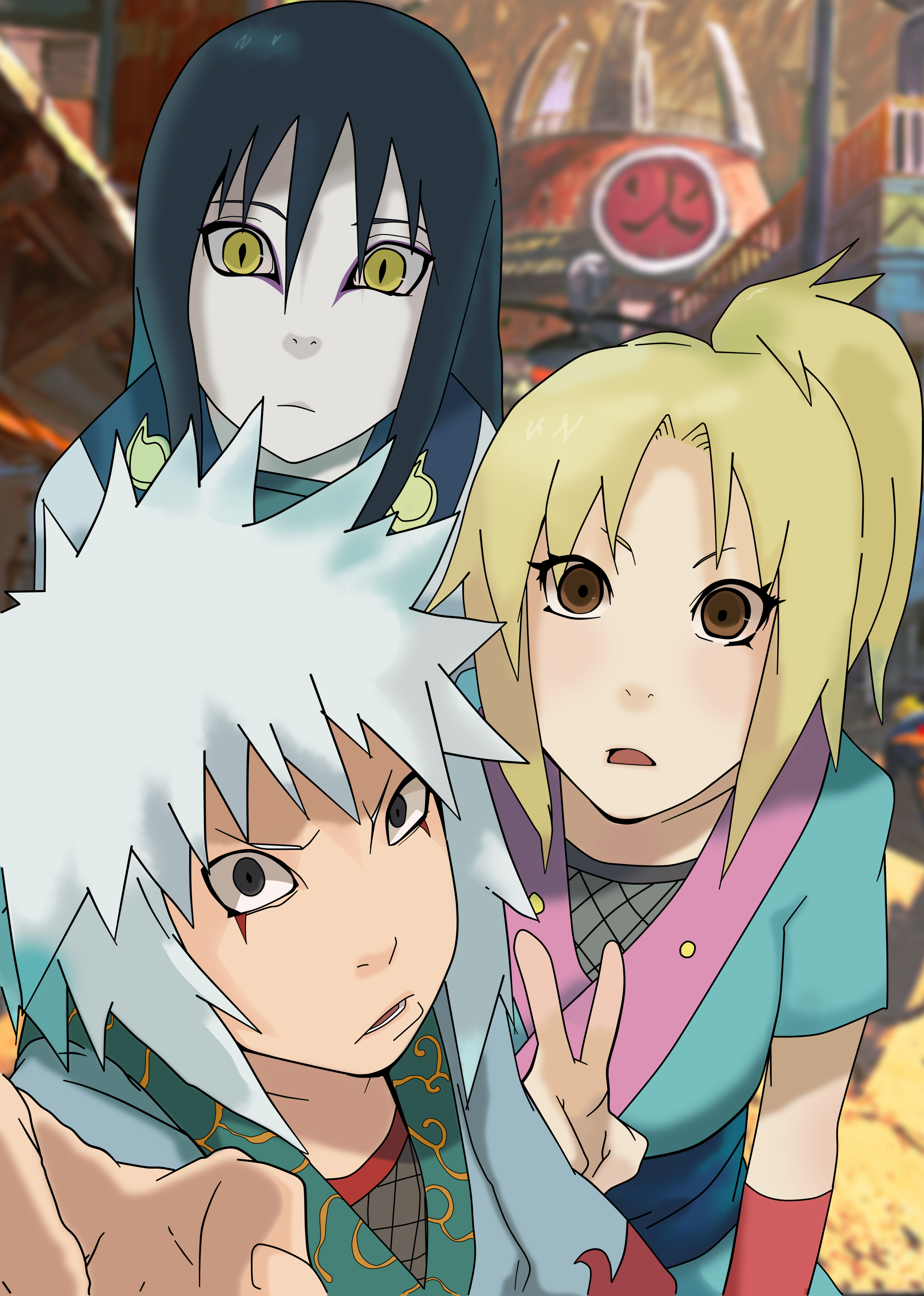 Anime 2507x3516 anime Tsunade Orochimaru Jiraiya Naruto Shippuden yellow eyes hand gesture dark hair anime girls