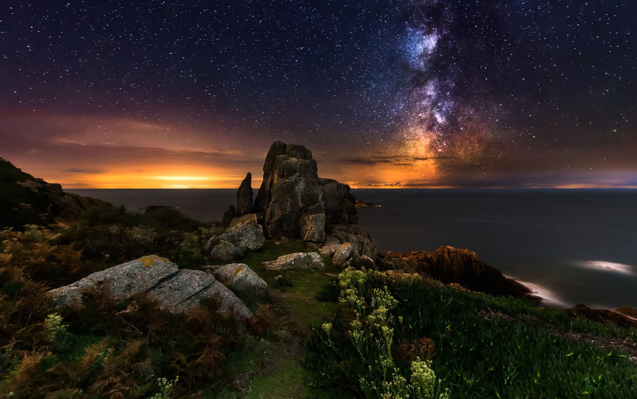General 2100x1315 nature landscape wildflowers rocks sea coast France Milky Way galaxy stars long exposure low light