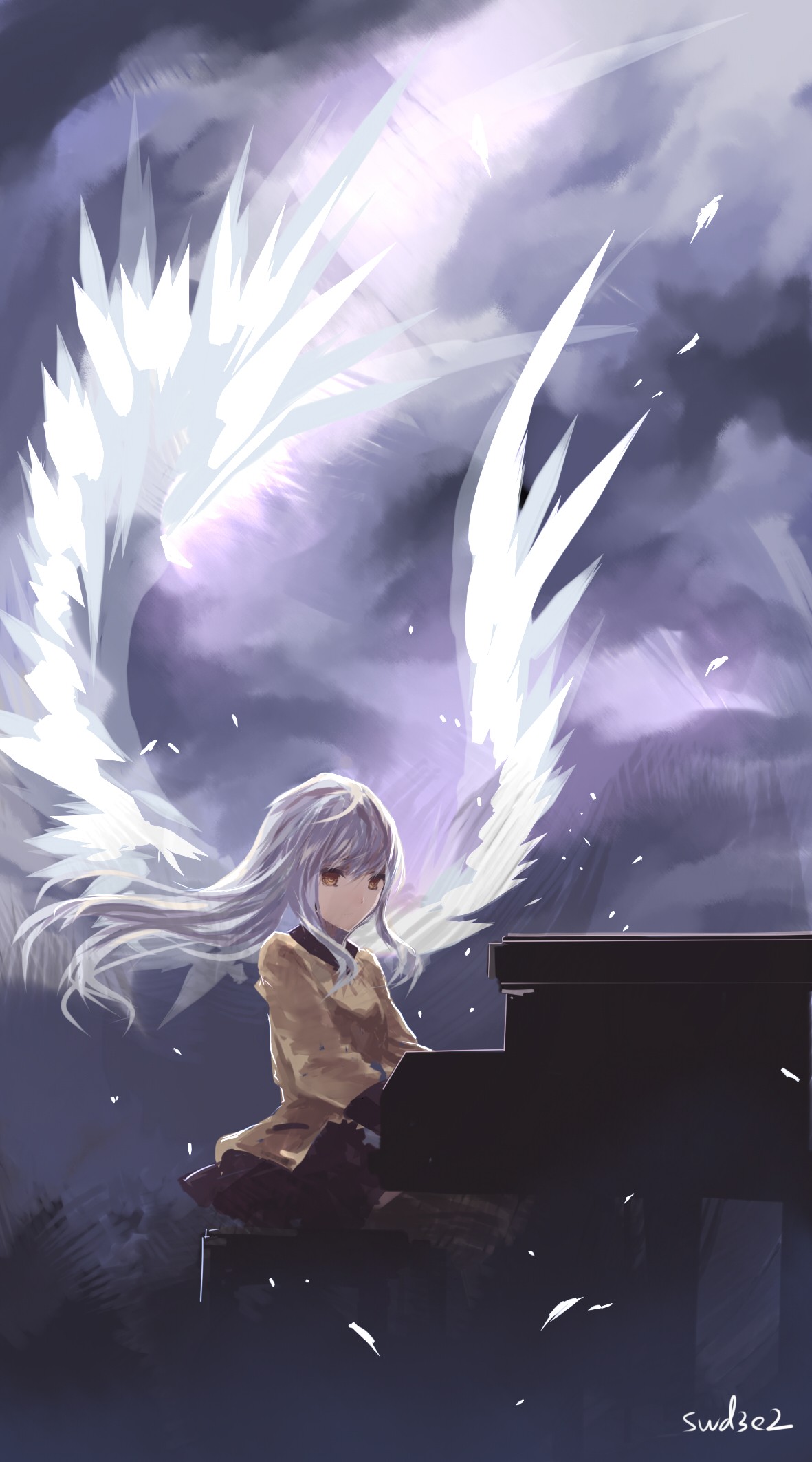 Anime 1181x2125 Angel Beats! Tachibana Kanade Swd3e2 long hair yellow eyes school uniform wings piano feathers anime girls anime musical instrument