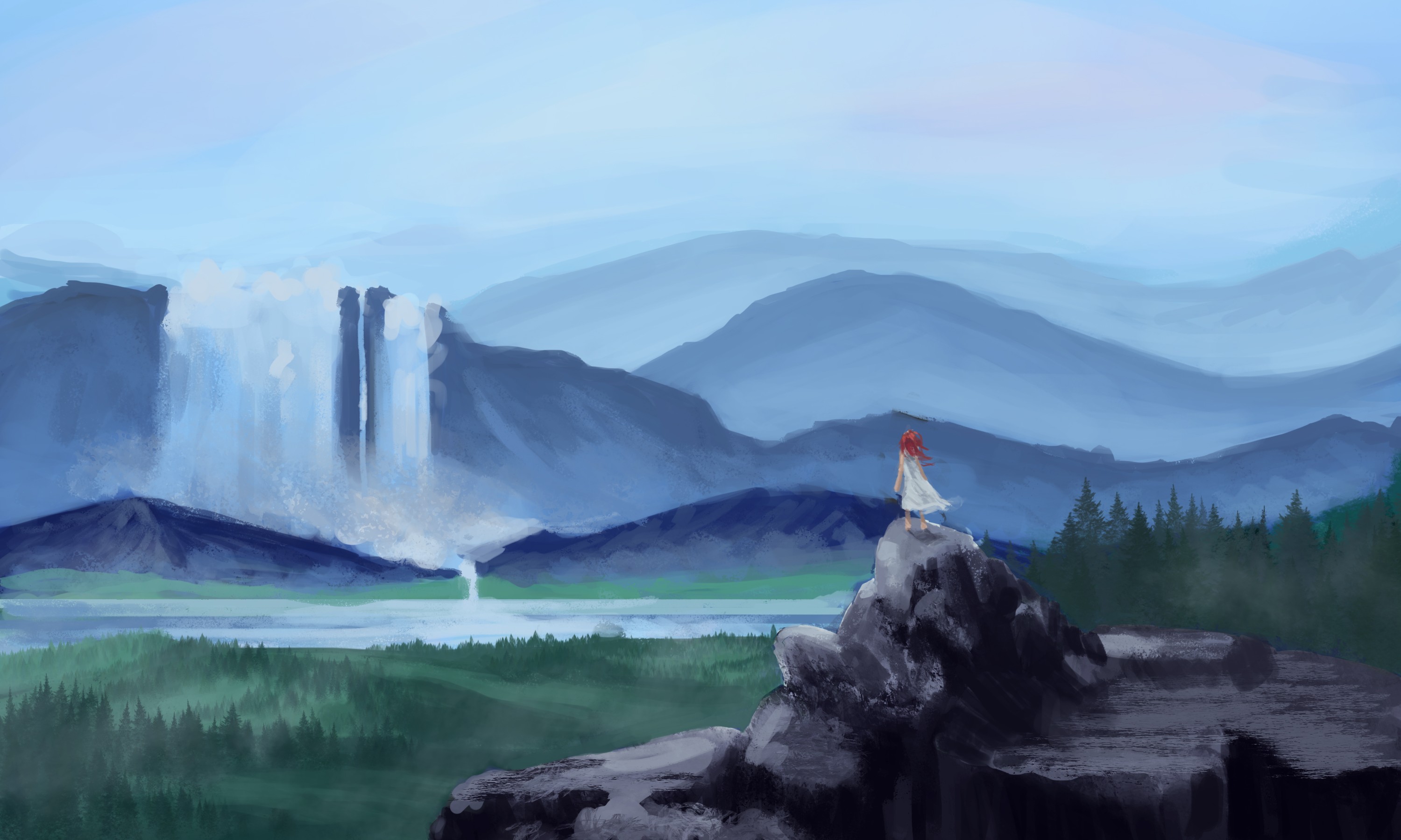 General 3000x1800 painting landscape waterfall redhead artwork sky nature