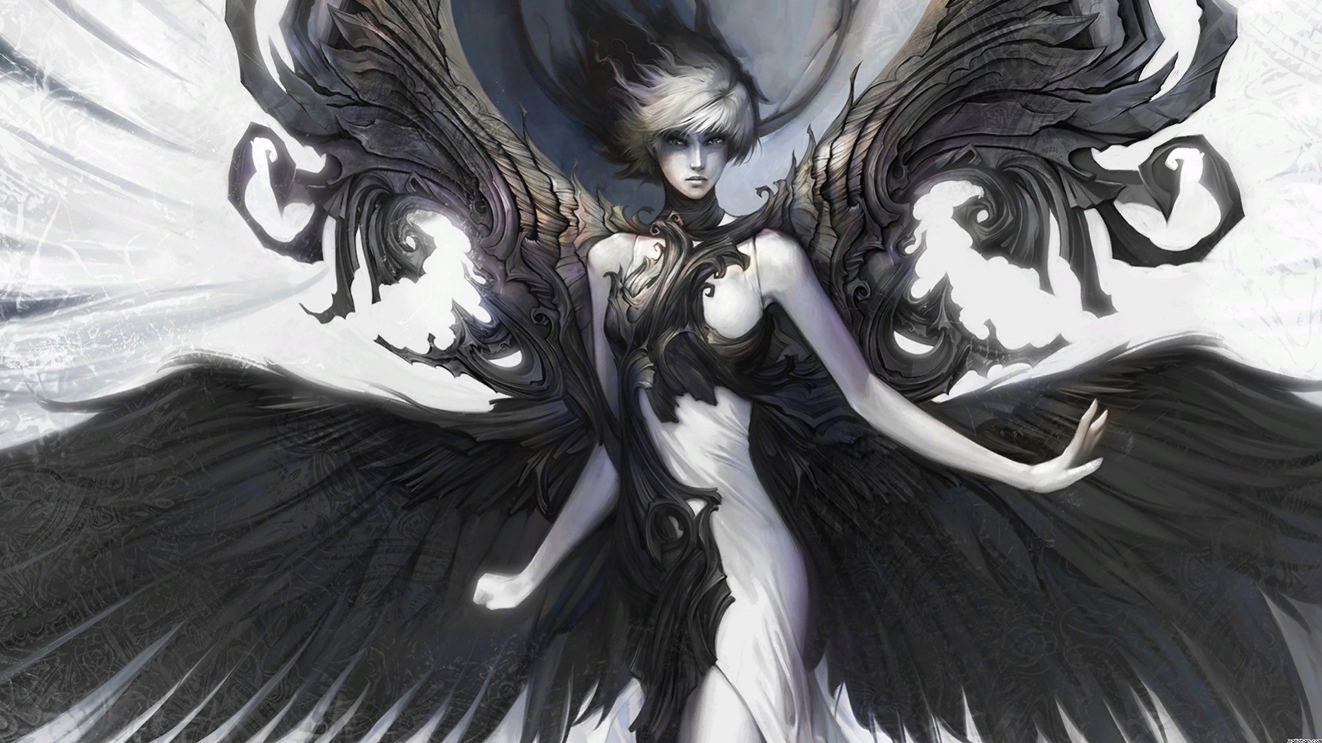 General 1920x1080 fantasy art women black white wings fantasy girl