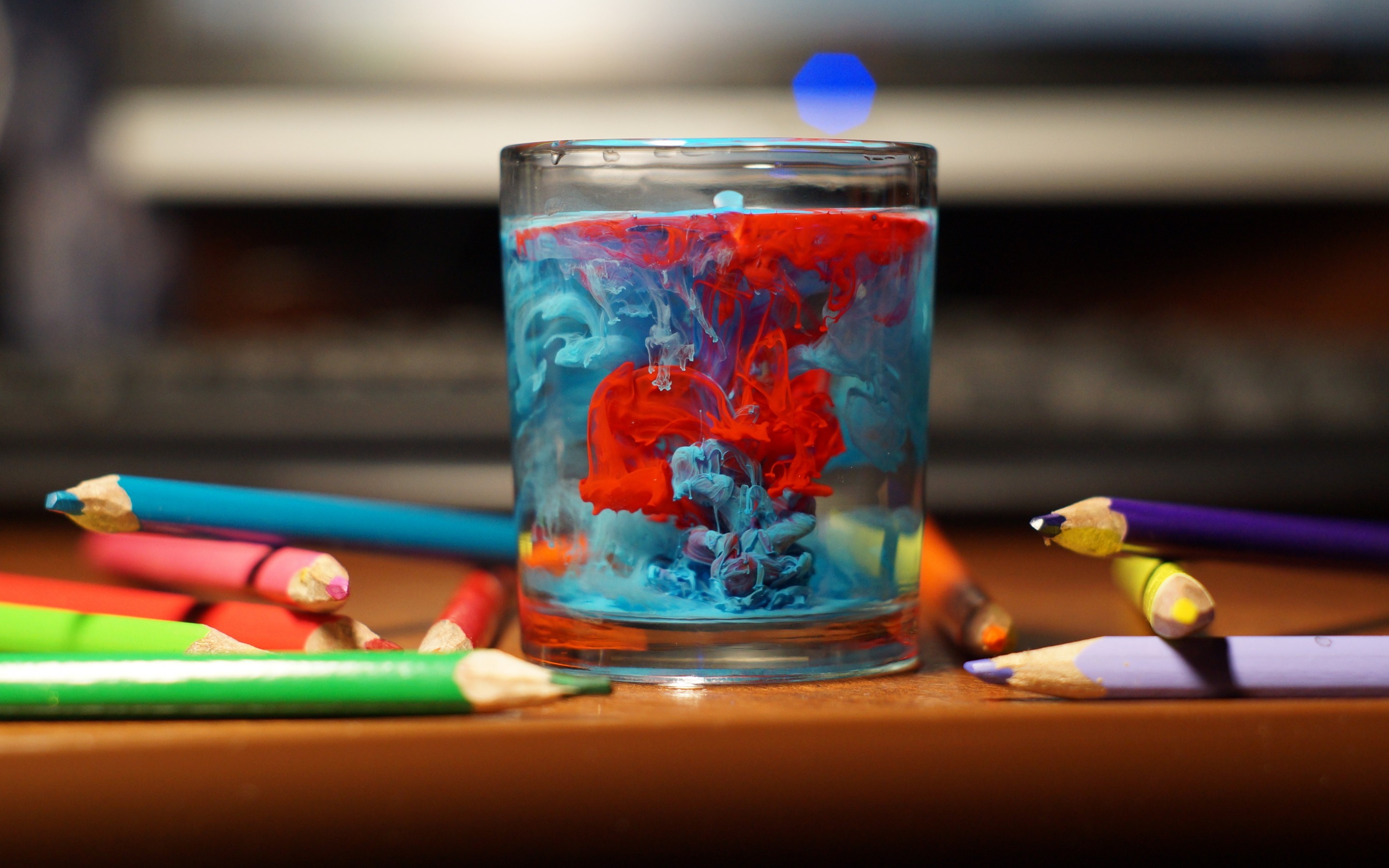 General 2880x1800 table glass water pencils paint splatter colorful depth of field photography bokeh paint in water watercolor