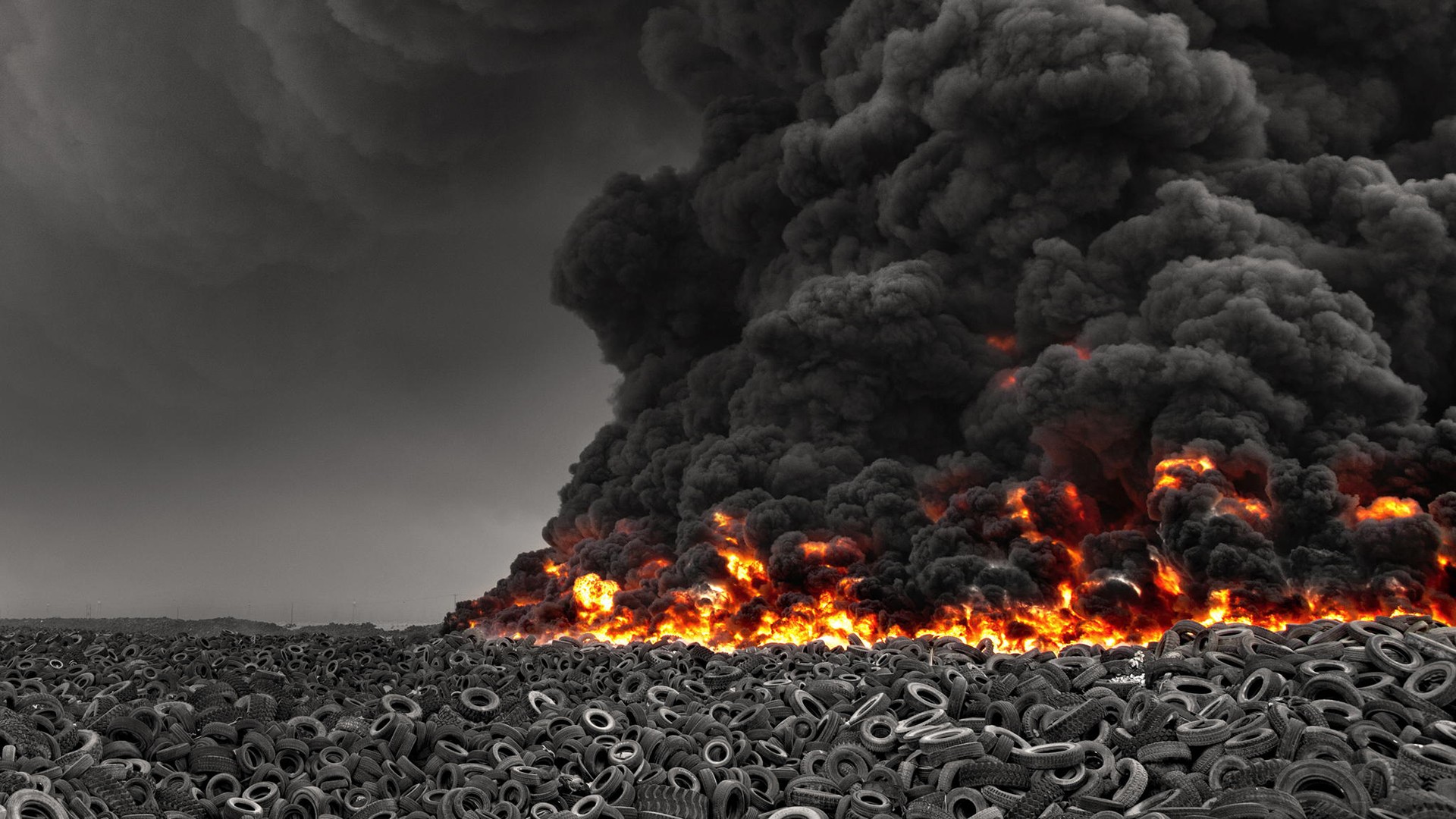General 1920x1080 tires fire smoke black gray burning pollution environment selective coloring disaster global warming ecology