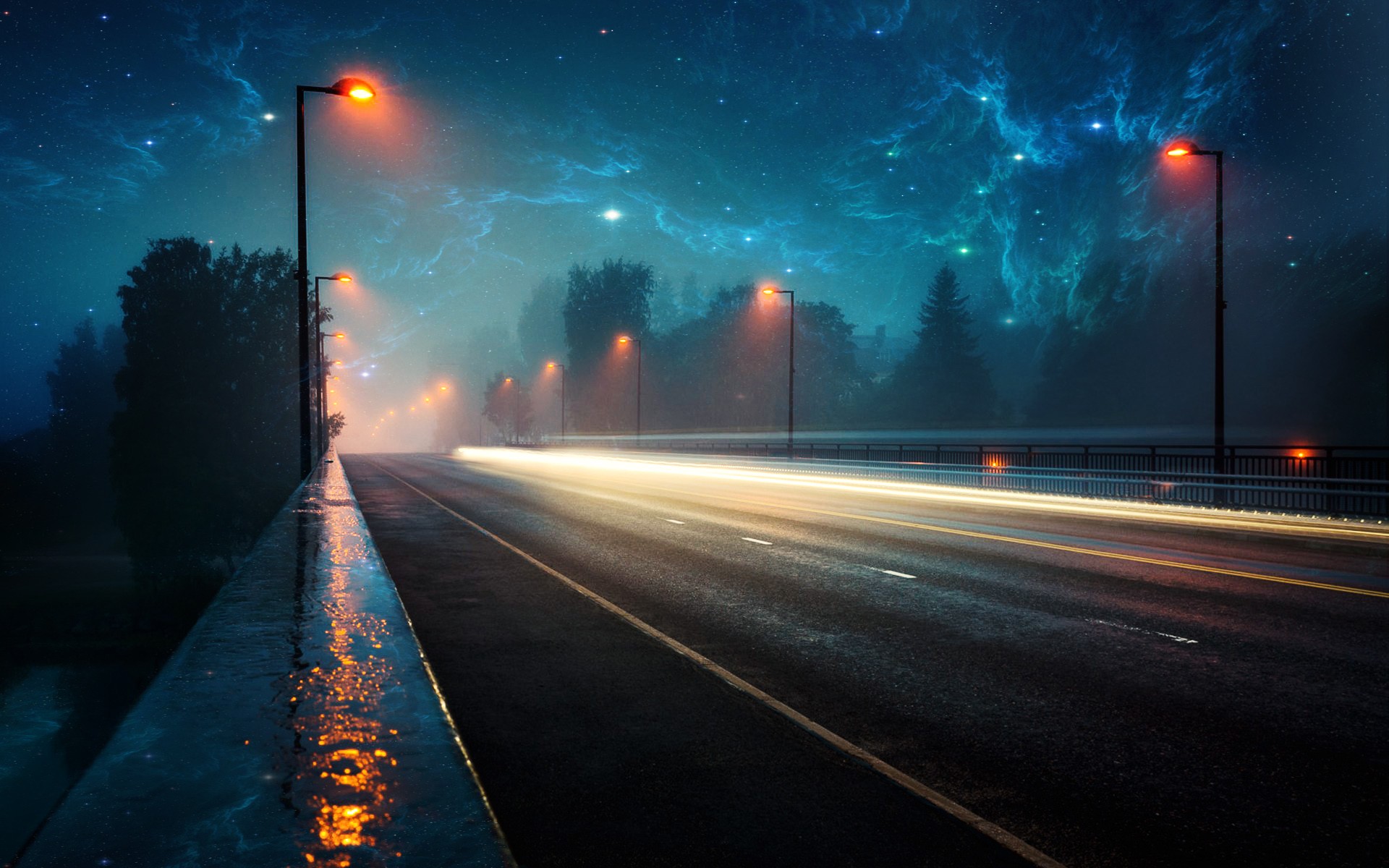 General 1920x1200 nebula space lighter lights road evening rain