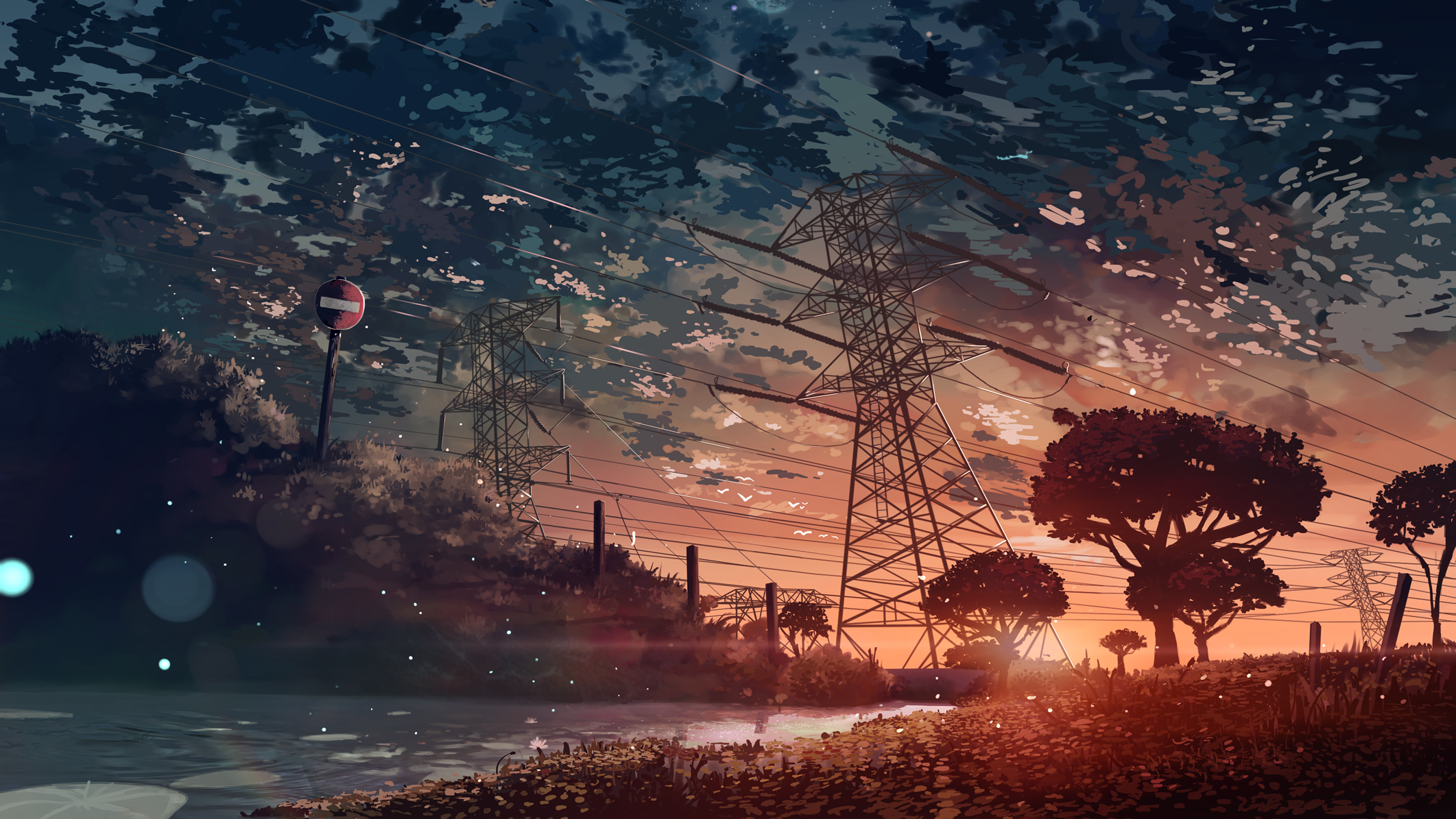 Anime 2123x1195 anime landscape digital art sunset power lines sign sky sunlight outdoors clouds