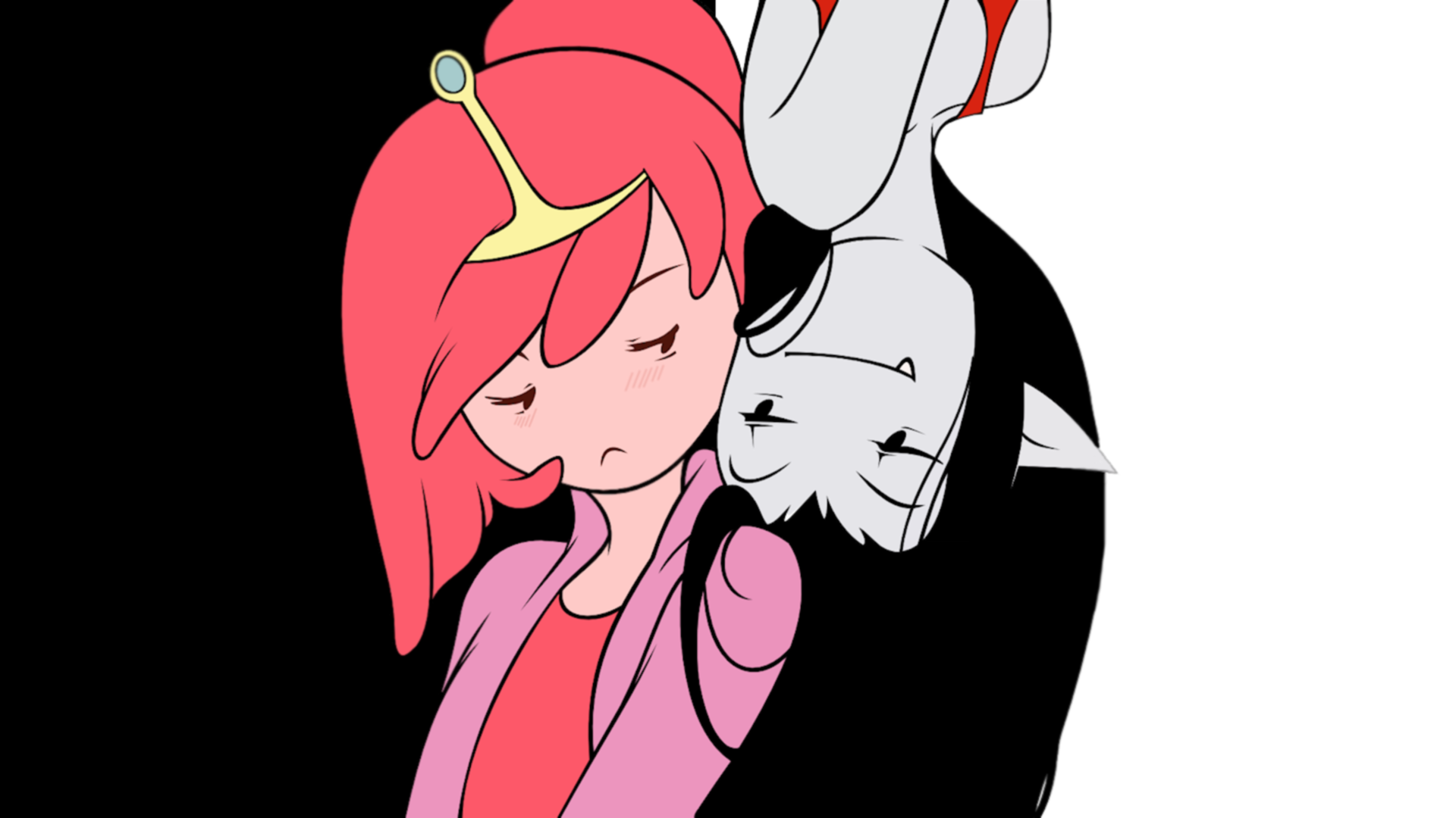 General 1920x1080 Marceline the vampire queen Princess Bubblegum Yin and Yang TV series two tone pointy ears frown Adventure Time closed mouth smiling digital art minimalism upside down crown cartoon Cartoon Network pink hair black hair jacket face to face