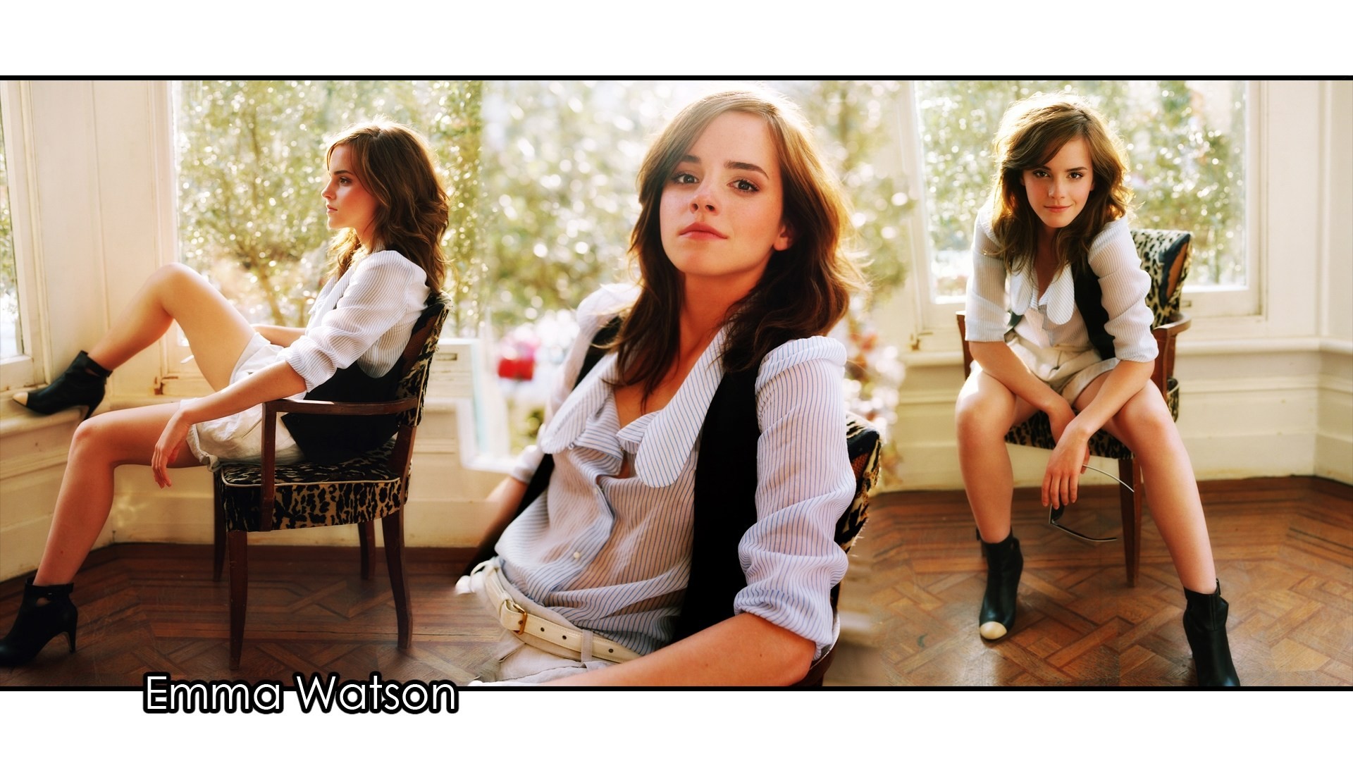 People 1920x1080 Emma Watson collage actress women chair sitting celebrity legs looking at viewer women indoors indoors