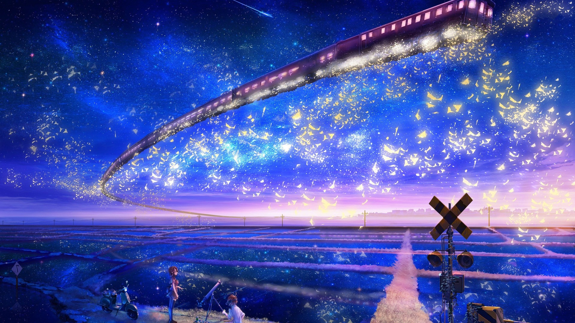Anime 1920x1080 train artwork fantasy art flying stars anime vehicle sky
