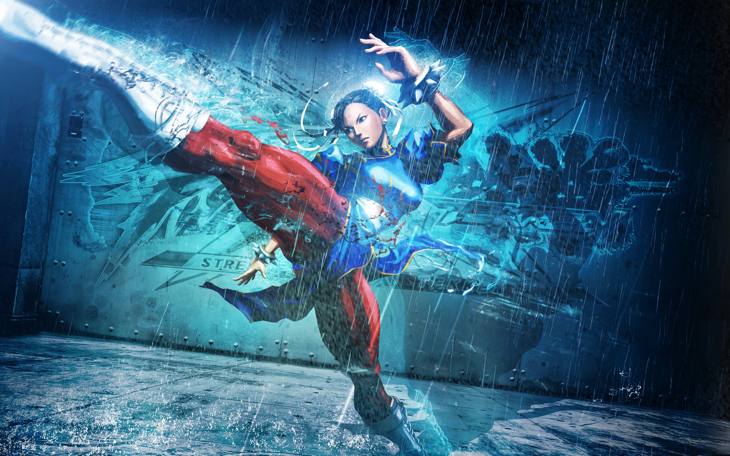 General 2560x1600 Chun-Li Street Fighter kick video game art cyan blue rain video game girls women video game warriors
