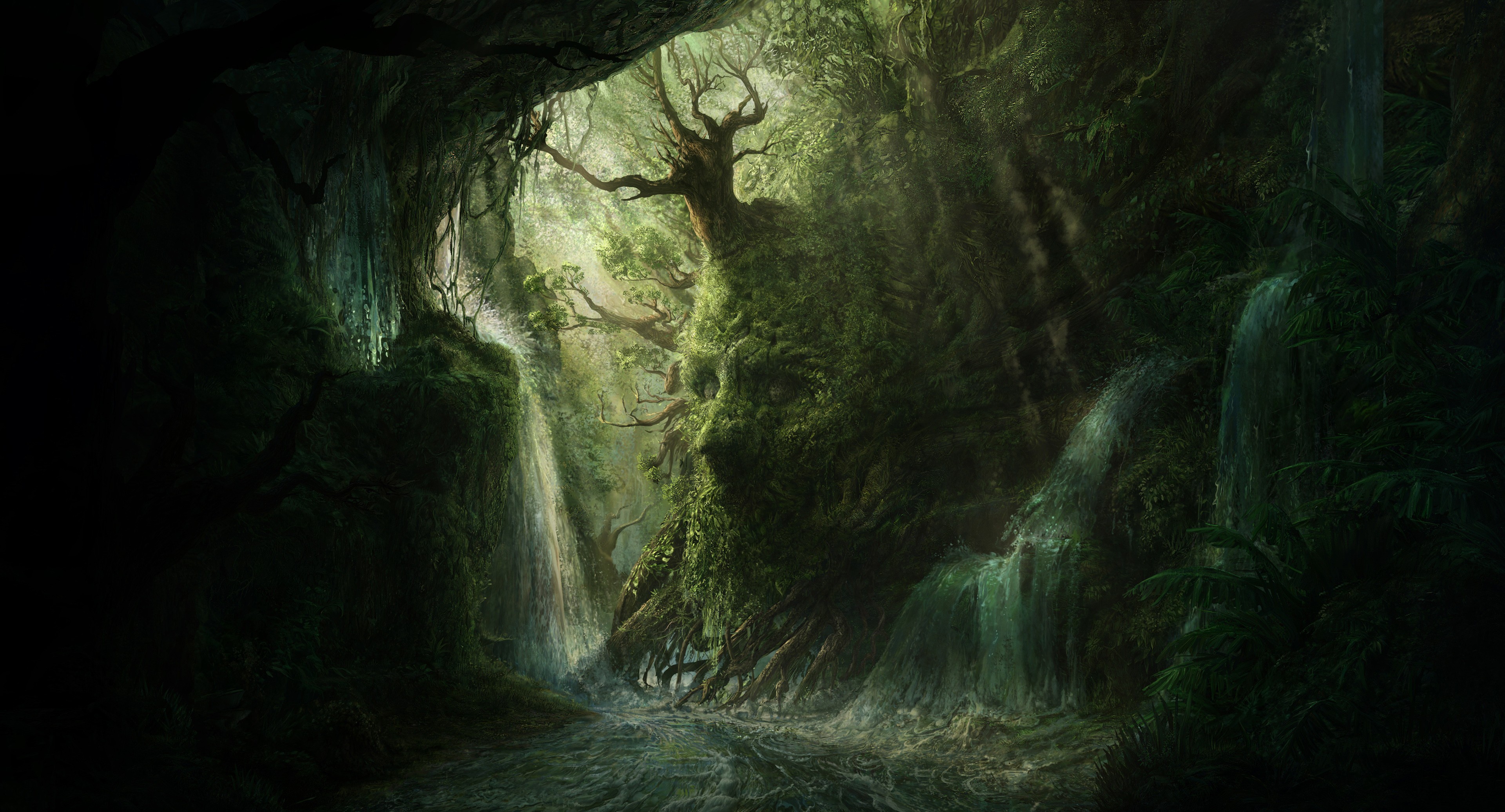 General 3840x2073 fantasy art face nature artwork rocks trees forest water waterfall