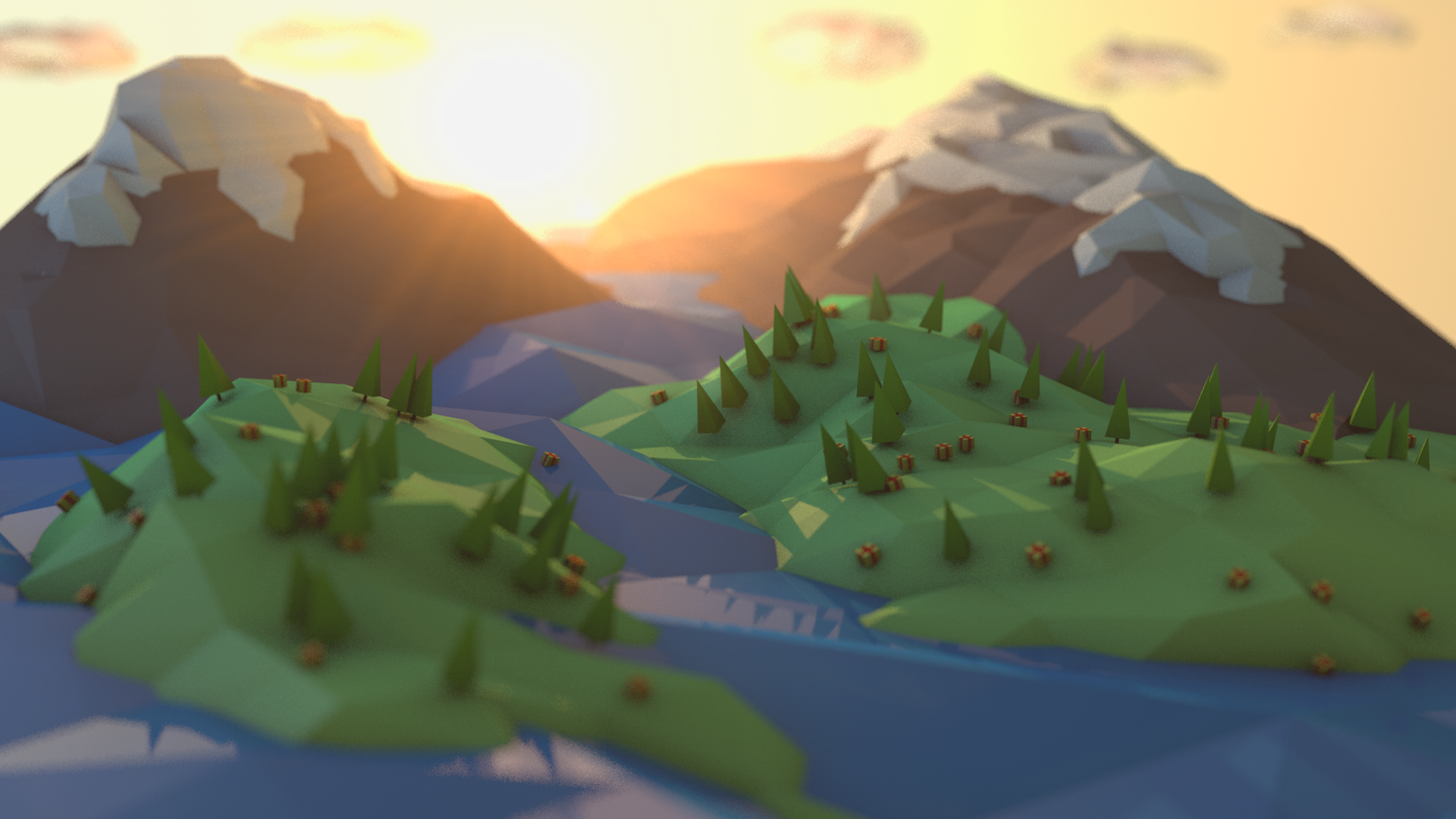 General 1920x1080 low poly digital art landscape mountains sunlight river trees tilt shift presents nature abstract
