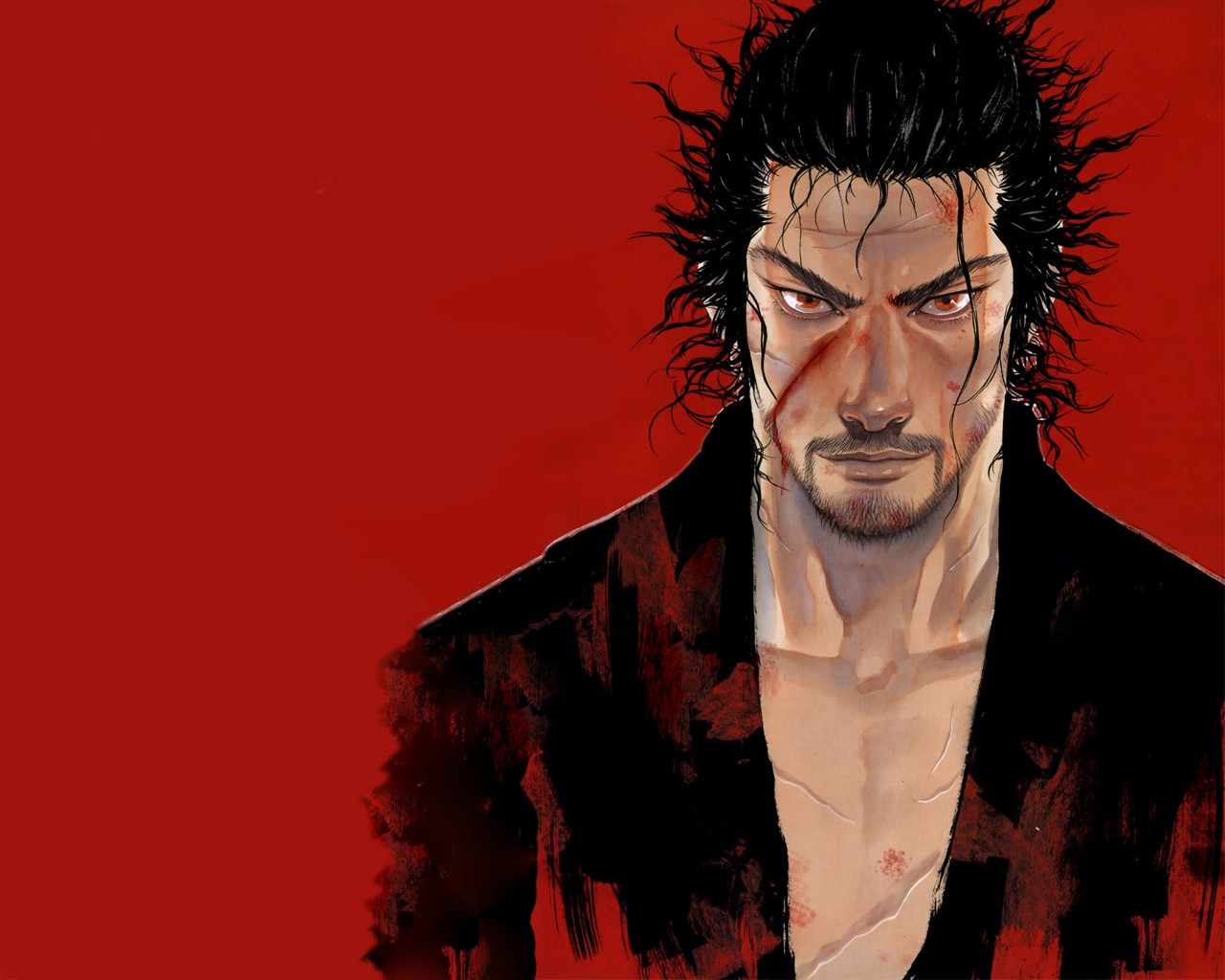 General 1280x1024 men artwork fantasy men scars red background red eyes simple background Miyamoto Musashi looking at viewer dark hair blood wounds