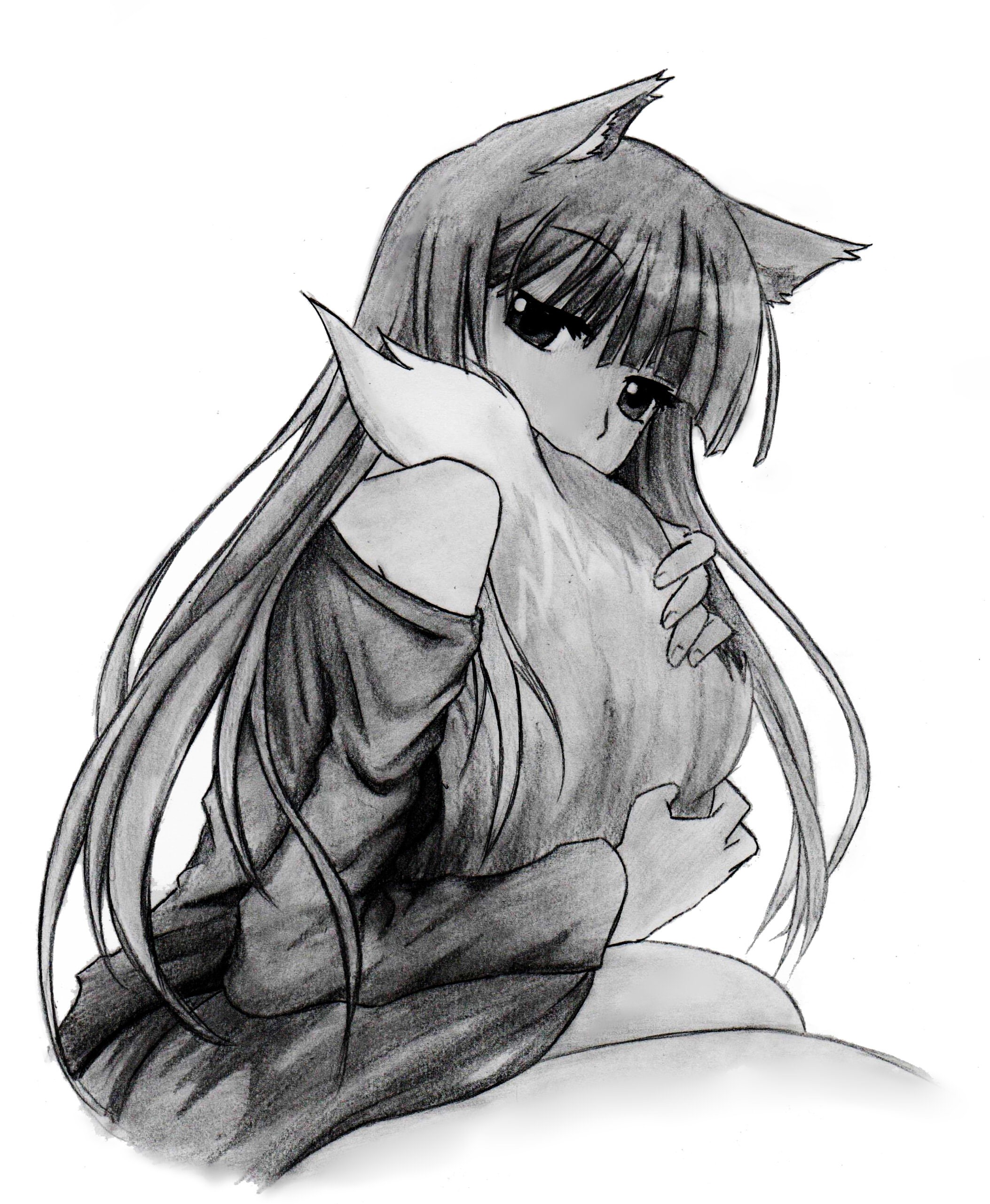 Anime 2106x2562 Holo (Spice and Wolf) Spice and Wolf wolf girls anime girls animal ears drawing monochrome anime long hair simple background white background