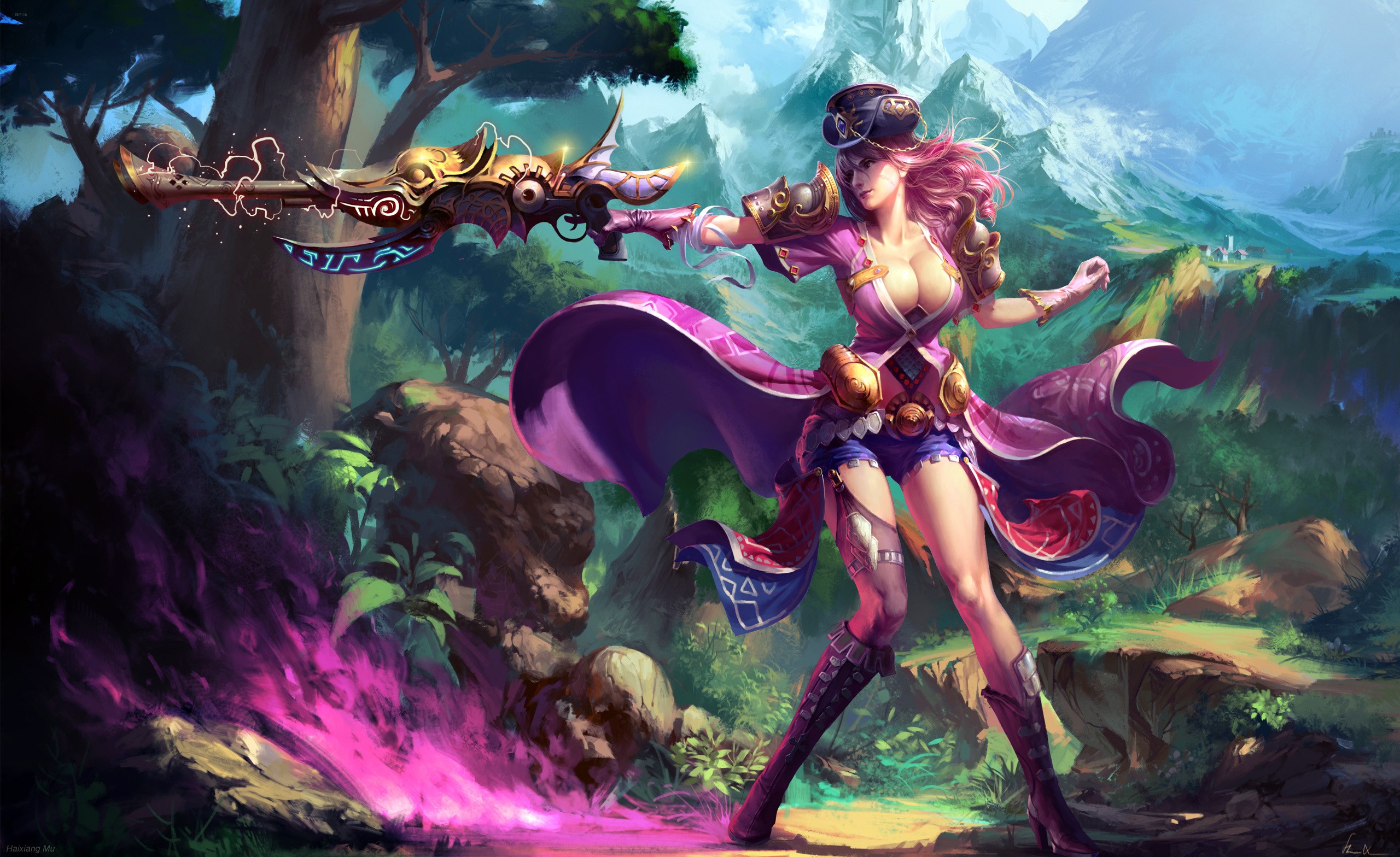 General 2560x1568 fantasy art boobs big boobs fantasy girl women pink hair hat women with hats cleavage girls with guns women outdoors standing Caitlyn (League of Legends)