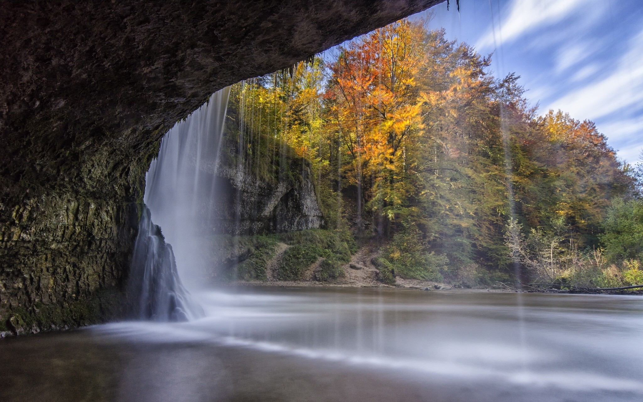General 2048x1281 nature landscape water waterfall long exposure trees cave clouds