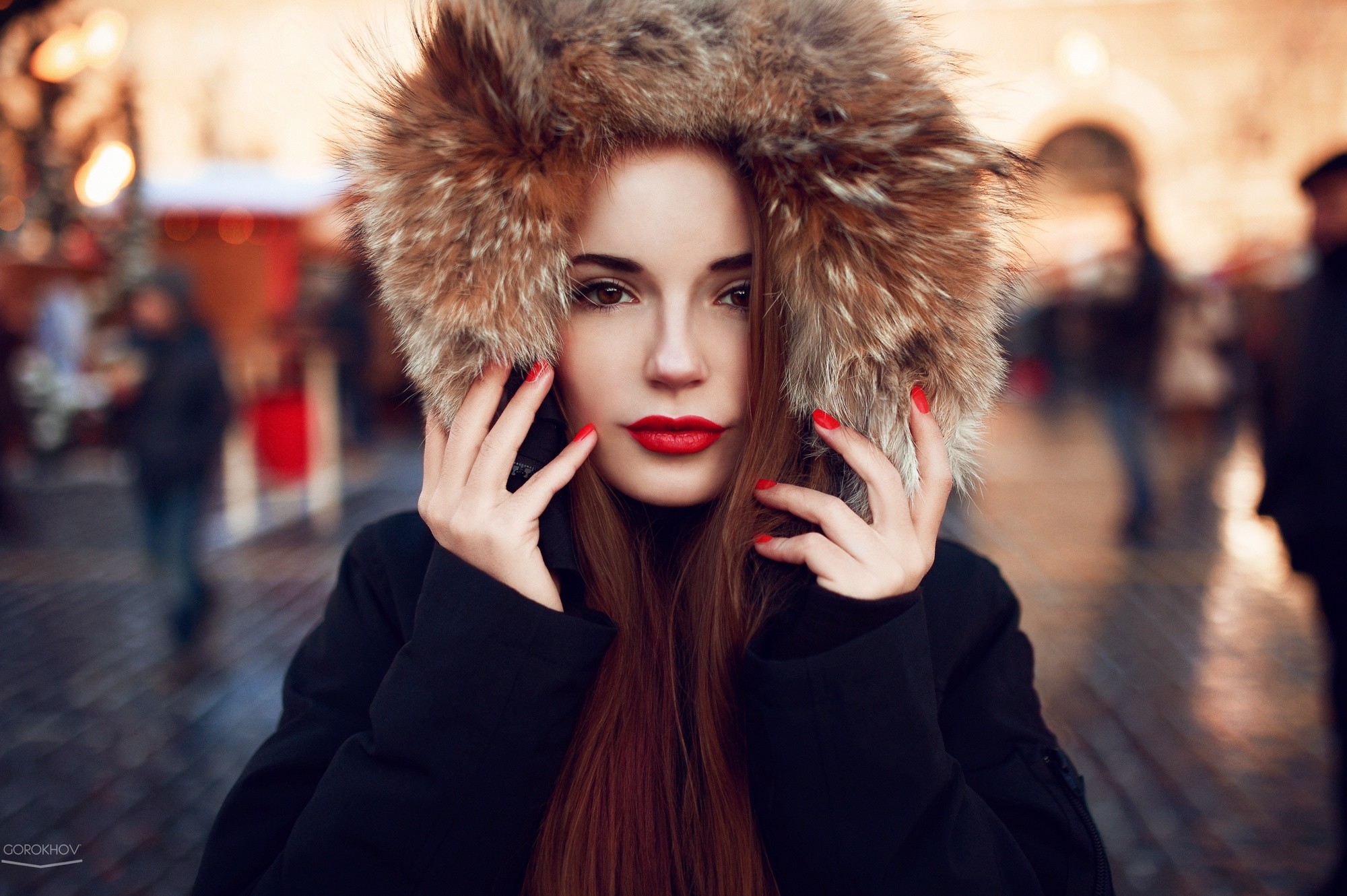 People 2000x1330 women model face red lipstick red nails fashion women outdoors airbrushed Sasha Spilberg Ivan Gorokhov coats black jackets brown eyes makeup closed mouth brunette 500px painted nails young women