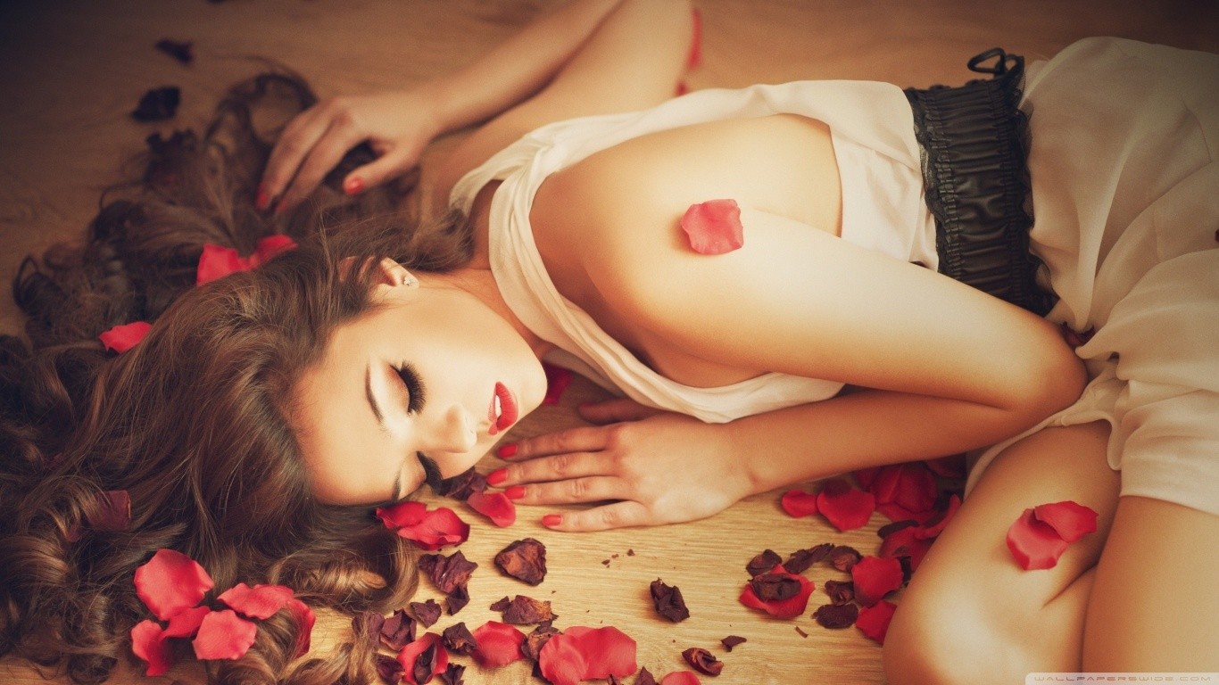 People 1366x768 women rose flowers brunette lying down white dress closed eyes long hair petals wooden surface model indoors women indoors makeup on the floor leaves red lipstick lipstick red nails painted nails ass