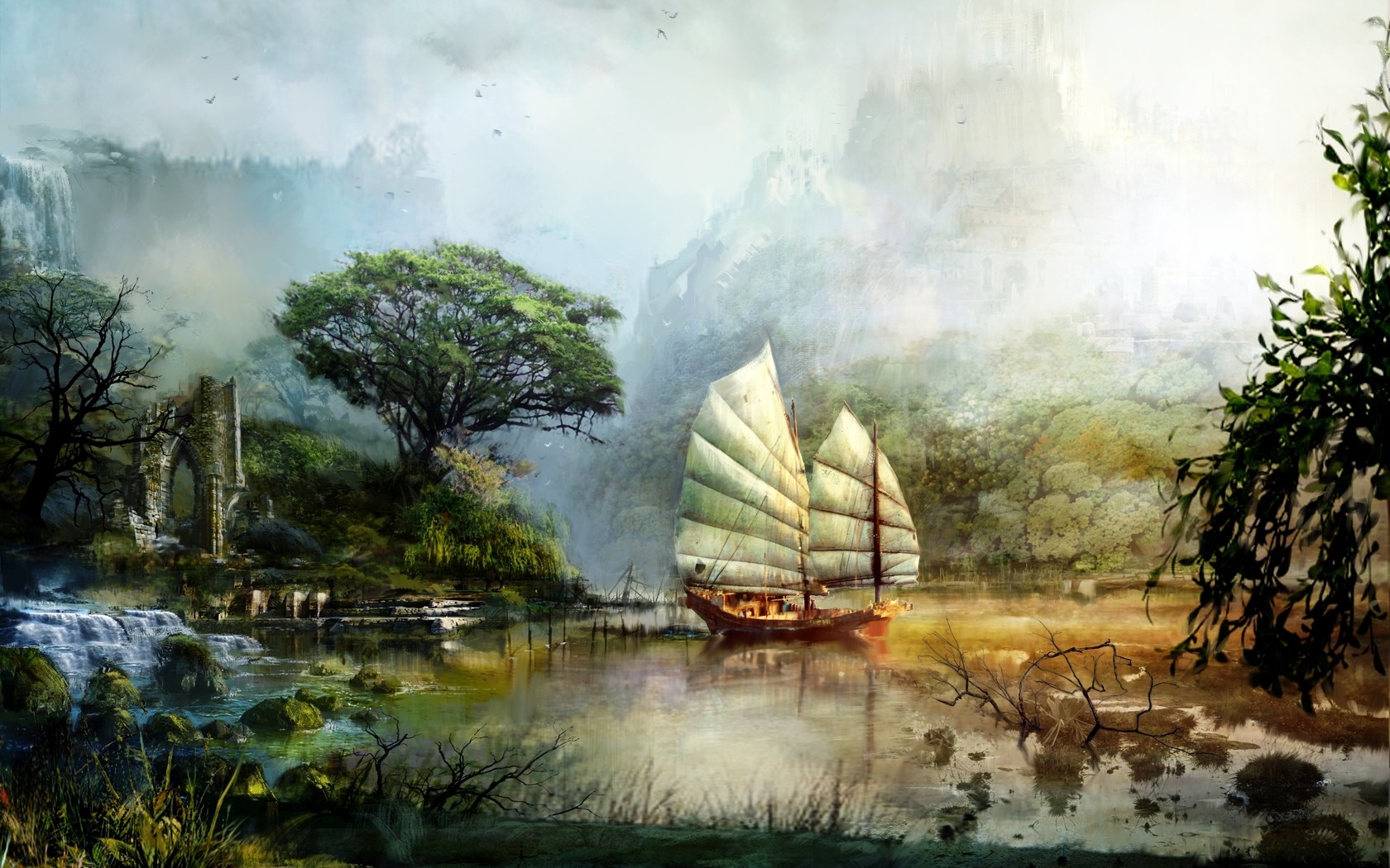 General 1680x1050 fantasy art artwork painting Guild Wars 2 PC gaming video game art vehicle landscape ruins water trees