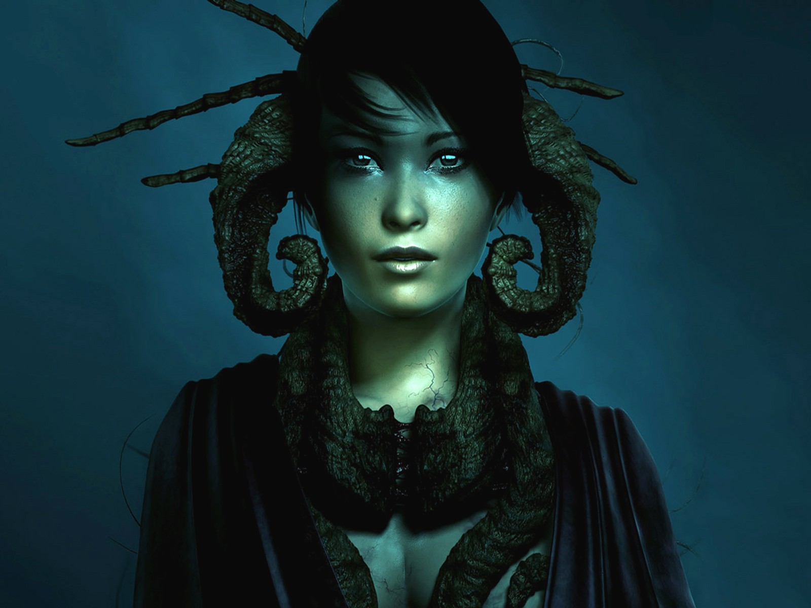 General 1600x1200 fantasy art fantasy girl face artwork women horns dark hair looking at viewer