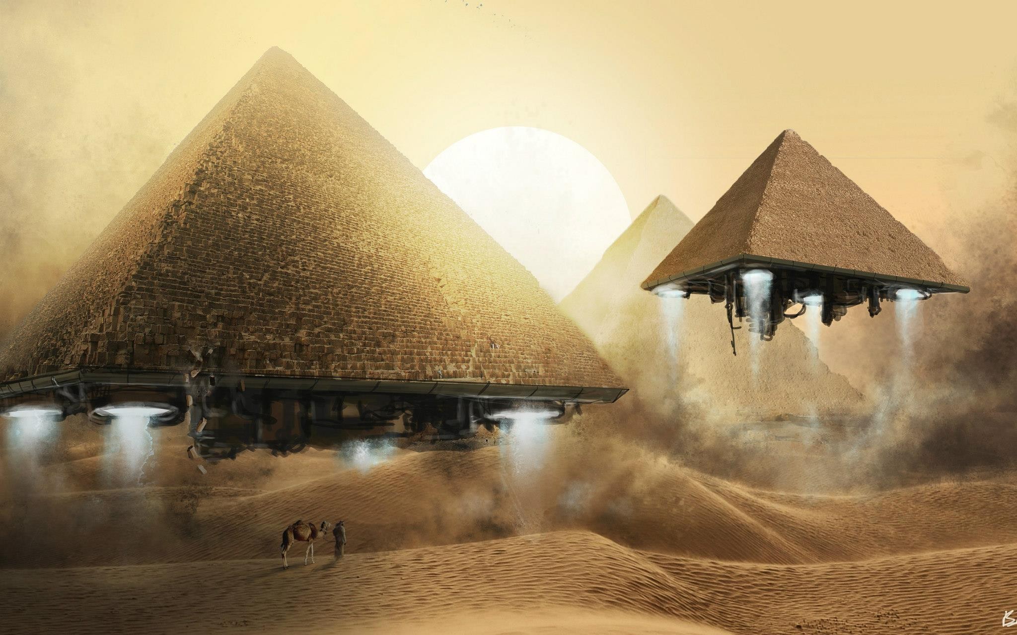 General 2048x1280 Egypt pyramid futuristic desert dunes science fiction watermarked sand camels digital art