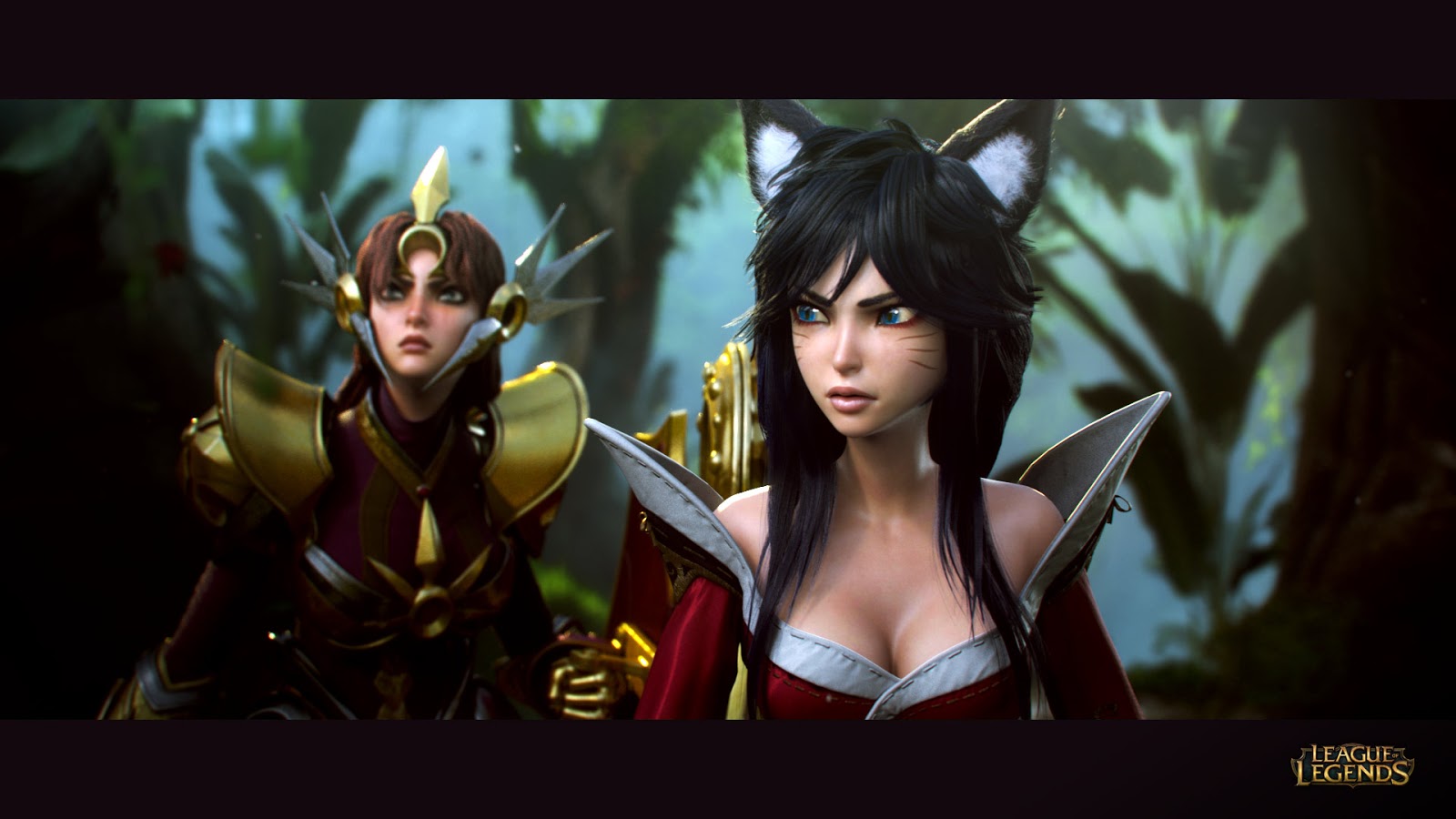 General 1600x900 League of Legends Ahri (League of Legends) video games cleavage dark hair blue eyes animal ears PC gaming Leona (League of Legends)