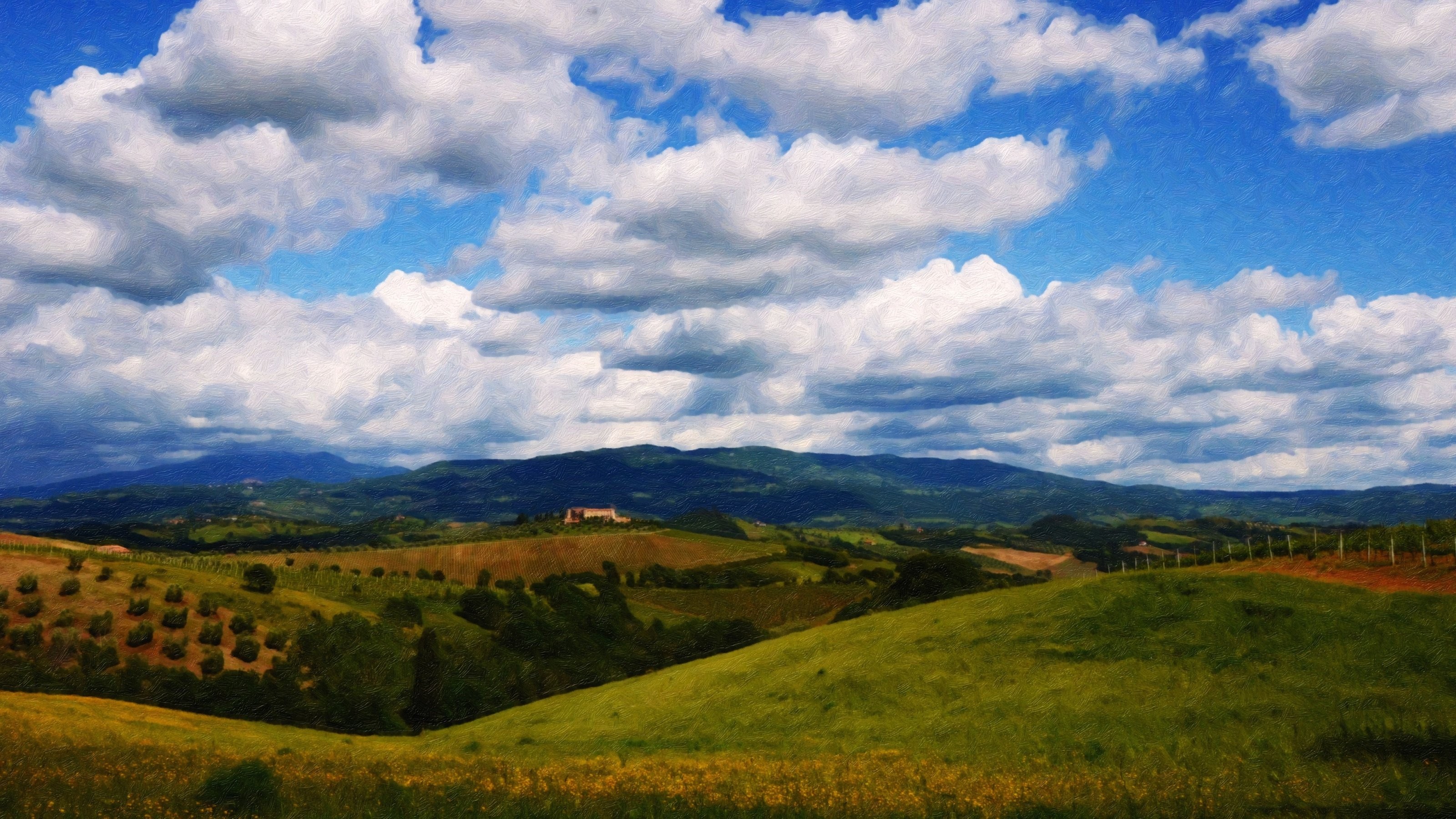 General 3200x1800 Tuscany artwork Italy landscape field clouds painting