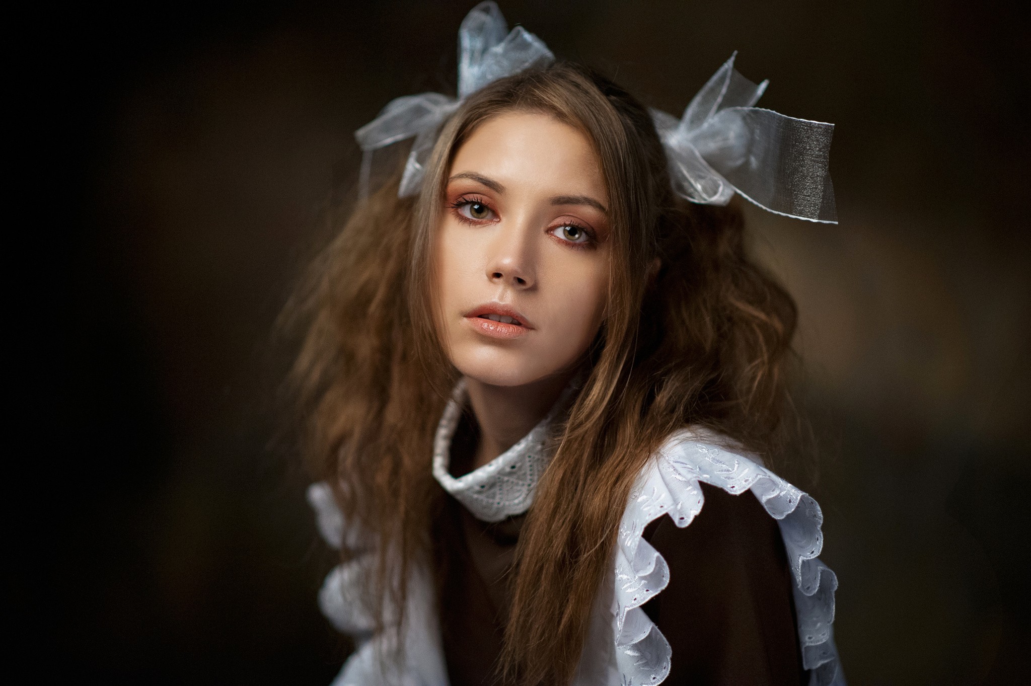 People 2048x1363 women model face portrait simple background Ksenia Kokoreva Russian women maid women indoors Russian model looking at viewer studio hair bows Maxim Maximov maid outfit makeup closeup parted lips