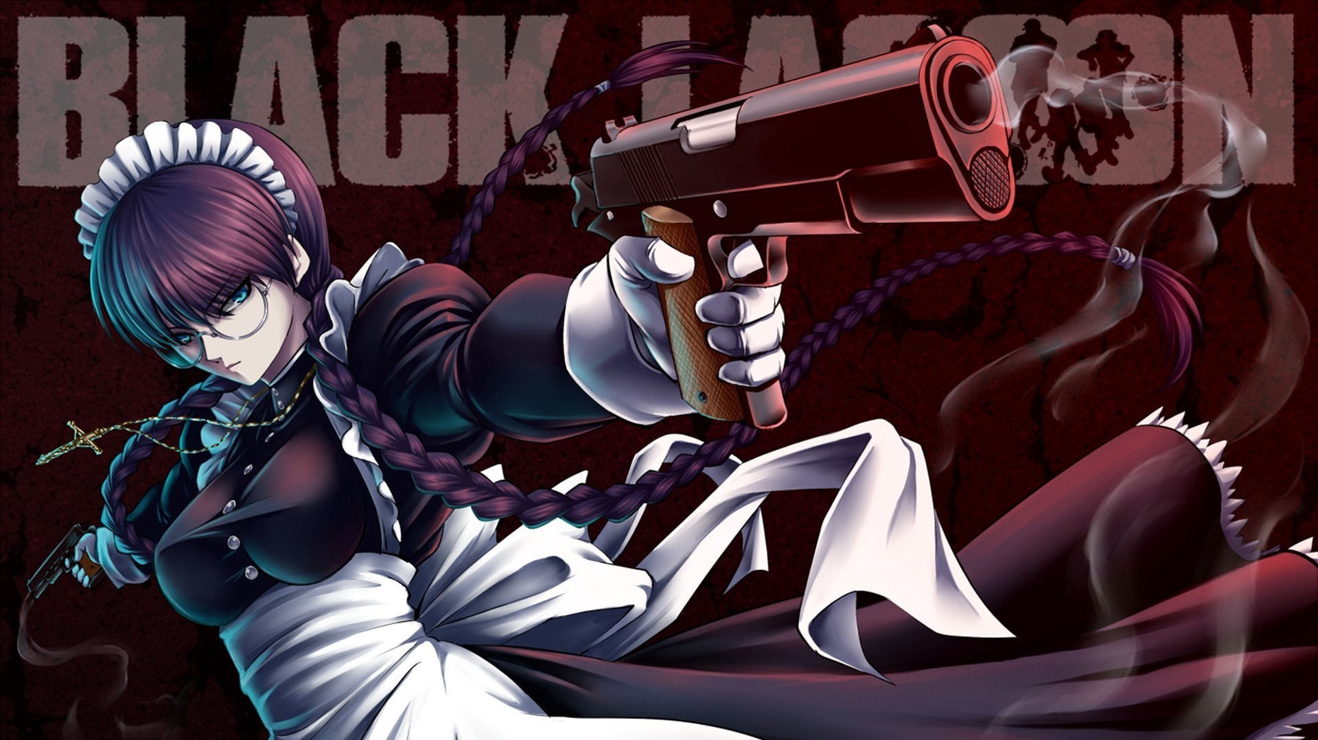 Anime 1920x1079 Black Lagoon gun anime girls Roberta girls with guns boobs big boobs weapon angry face purple hair aqua eyes necklace cross braids twintails maid maid outfit glasses smoke gloves looking at viewer