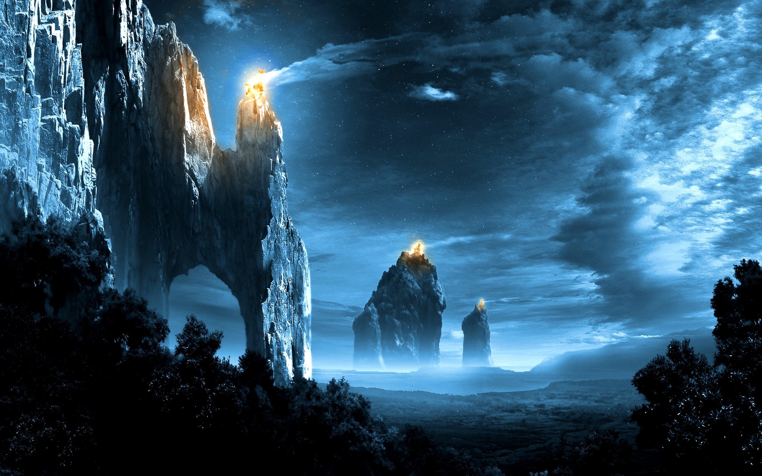 General 2560x1600 night fantasy art digital art landscape blue artwork sky rocks rock formation clouds stars night sky