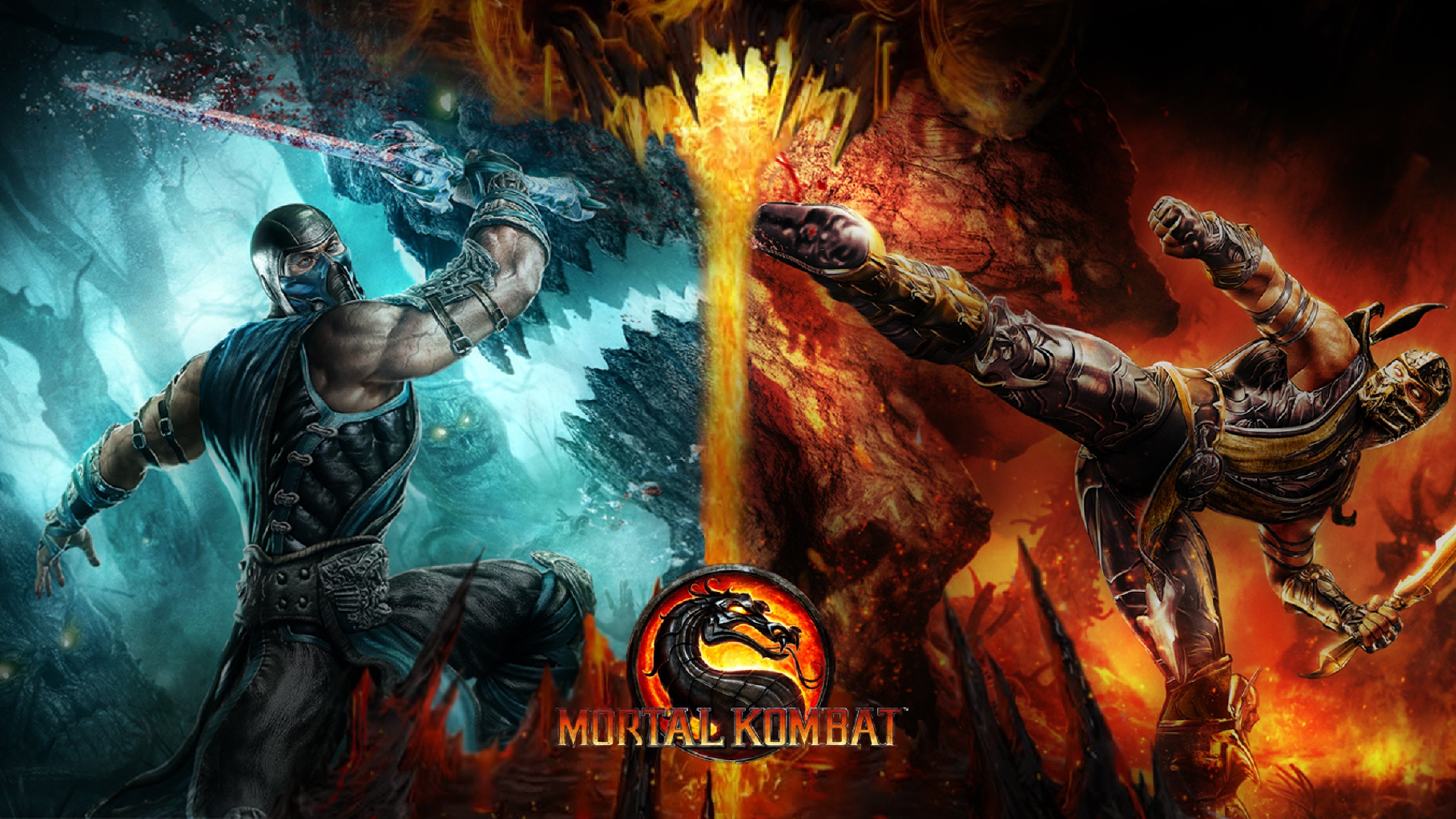General 3840x2160 video games Mortal Kombat video game art video game characters video game warriors Sub-Zero (Mortal Kombat) logo blood fire ice muscular Scorpion (Mortal Kombat)