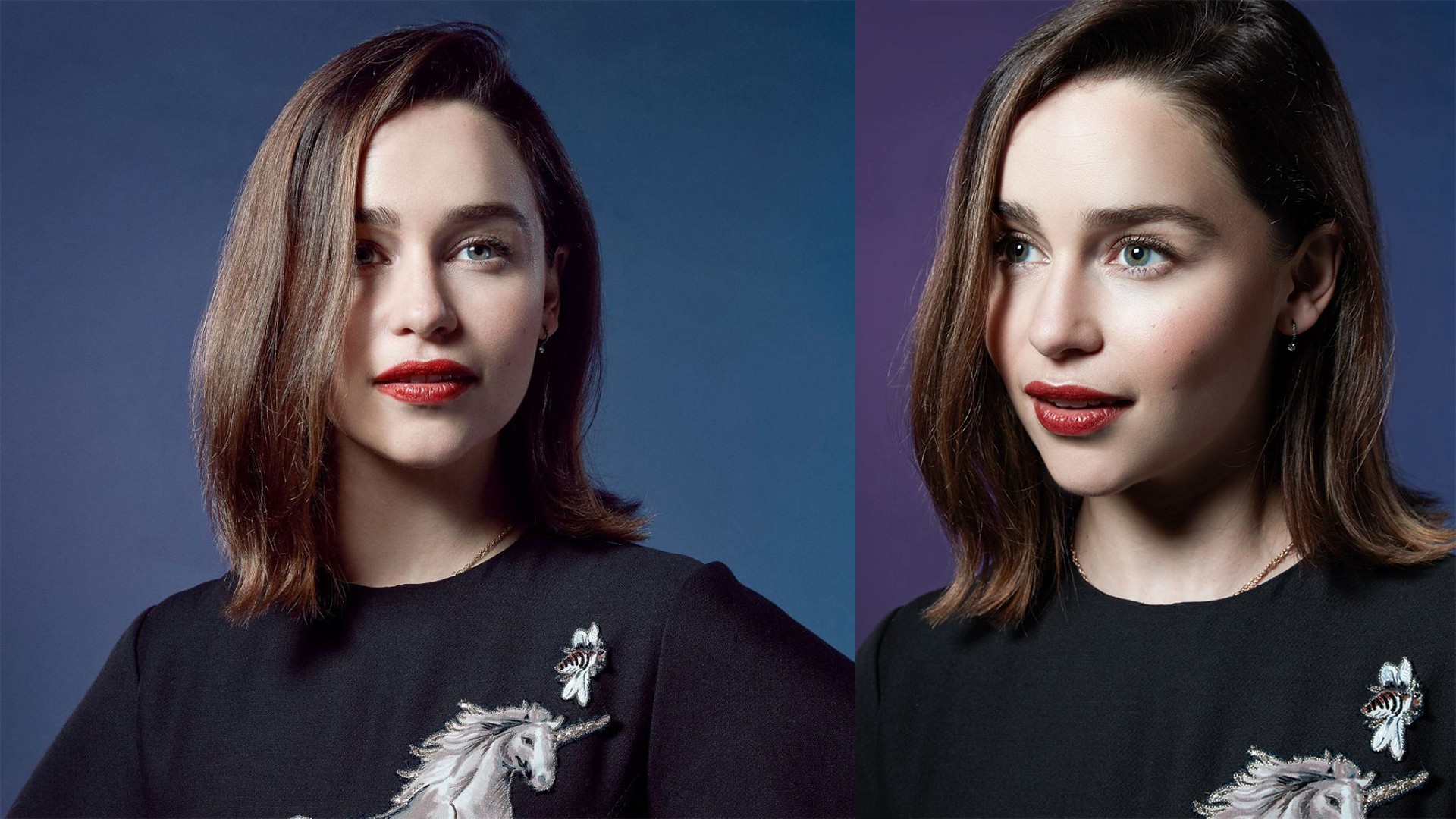 People 1920x1080 women Emilia Clarke brunette red lipstick collage