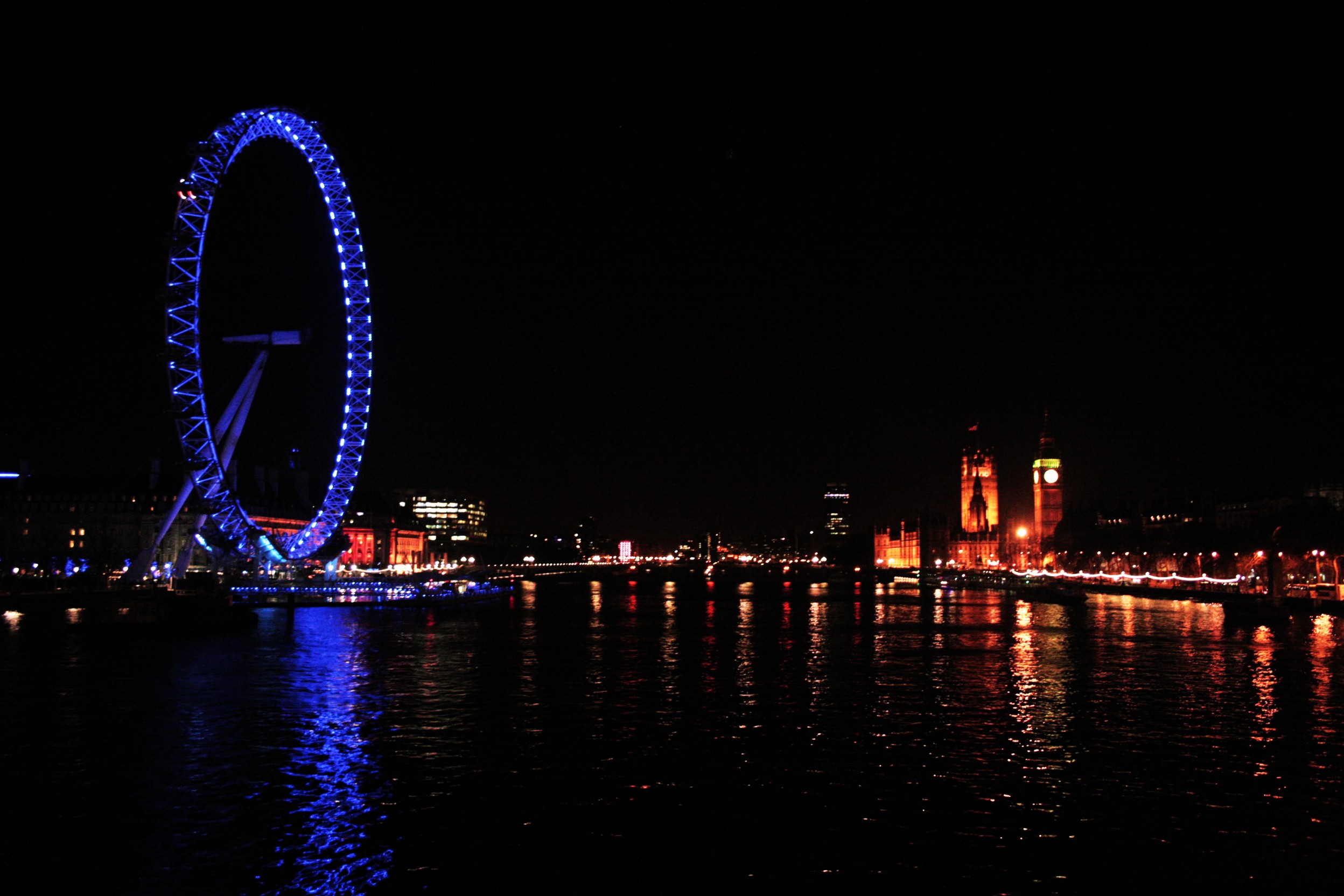 General 2496x1664 London London Eye ferris wheel Big Ben night England city lights River Thames river low light