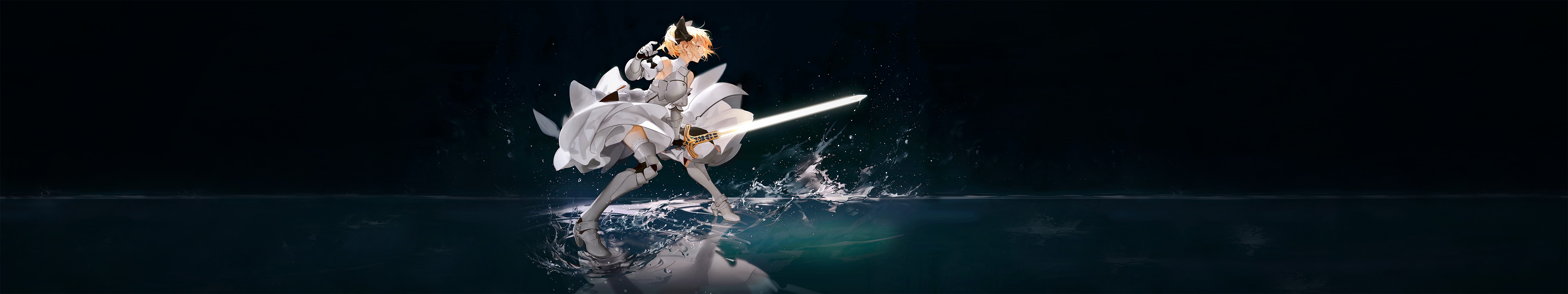 Anime 5760x1080 Saber anime girls anime fantasy girl sword water blonde Fate series Fate/Extra Saber Lily women with swords Pixiv