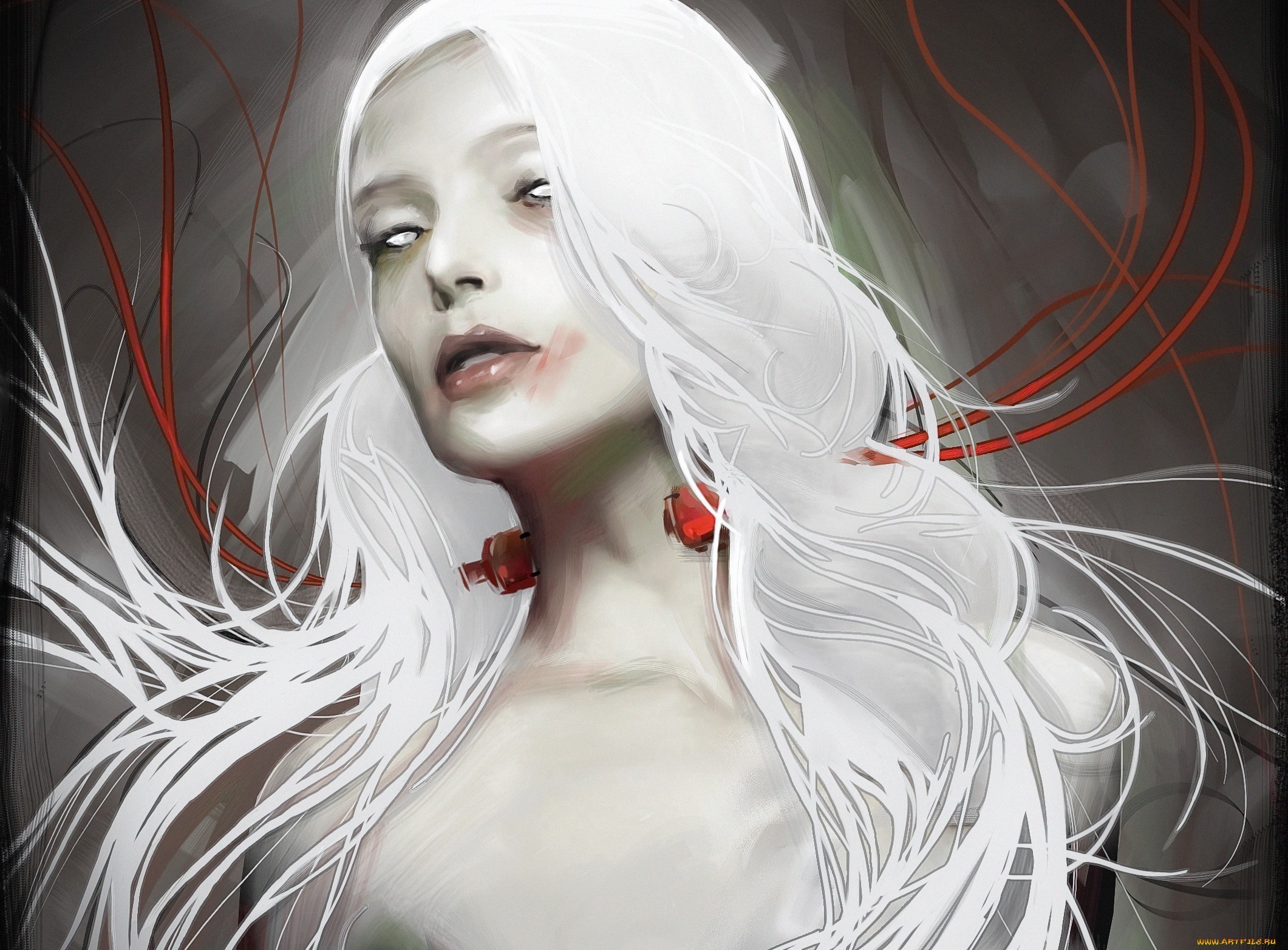 General 2121x1564 women dark artwork fantasy art white hair long hair face portrait fantasy girl