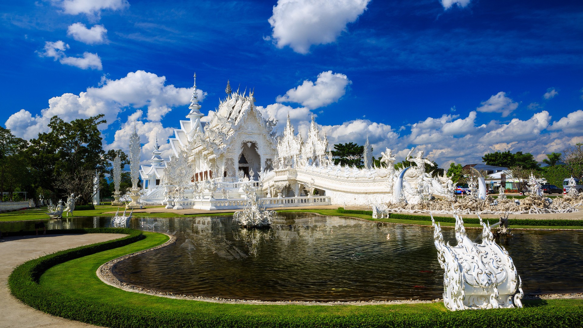 General 1920x1080 architecture Wat Rong Khun temple Thailand Asia sky clouds building
