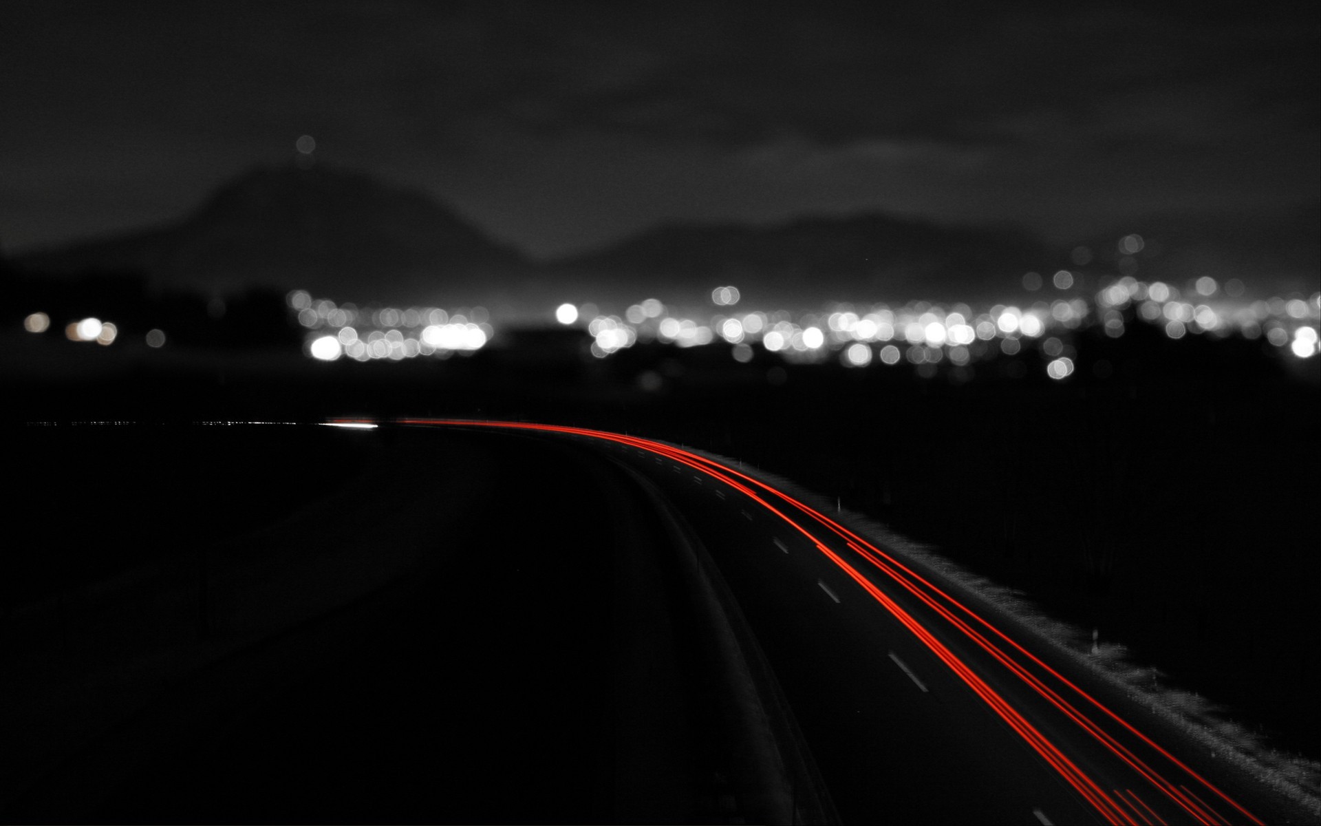 General 1920x1200 night city monochrome long exposure road light trails selective coloring